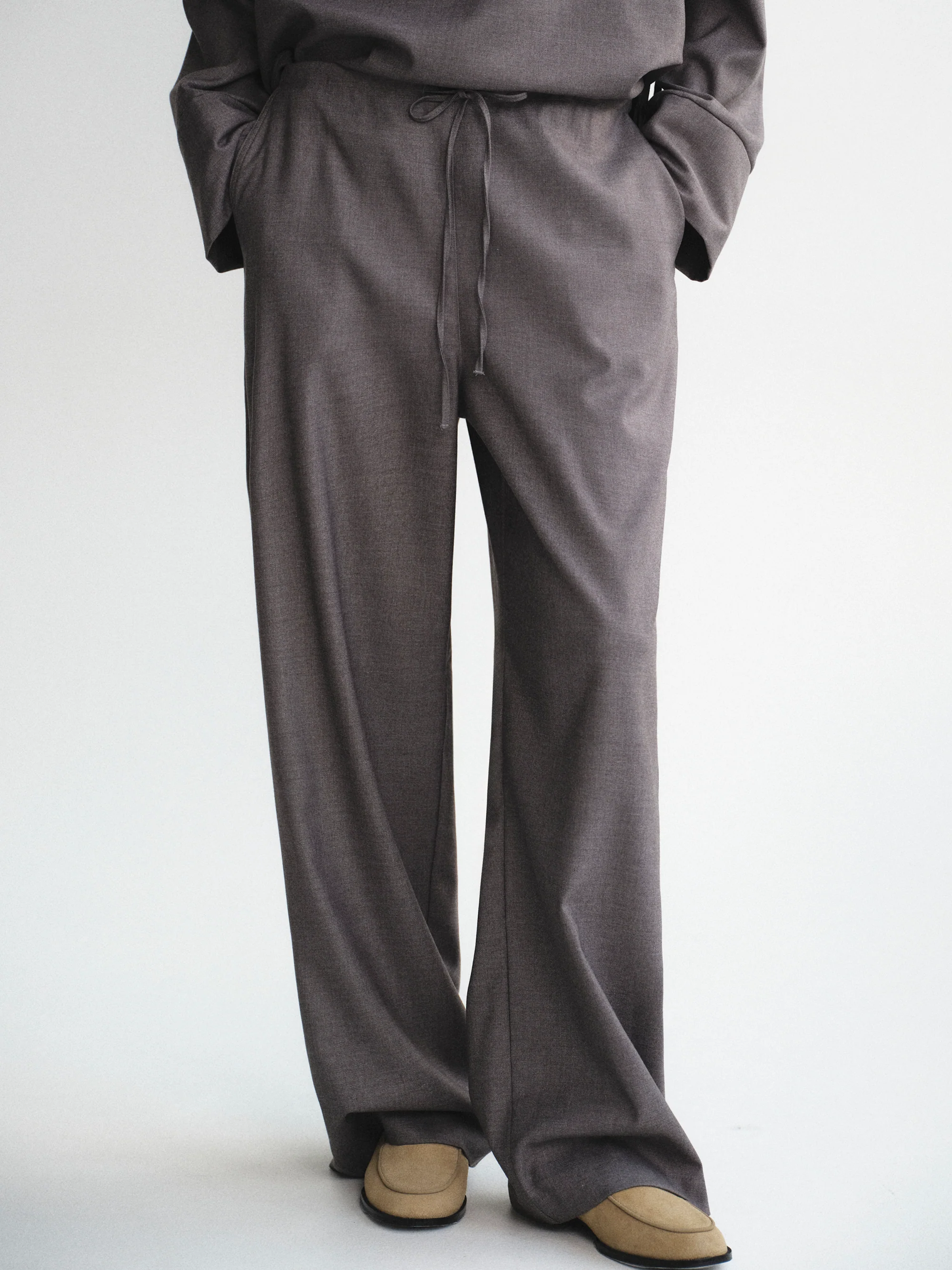 Drawstring Flannel Trousers, Grey