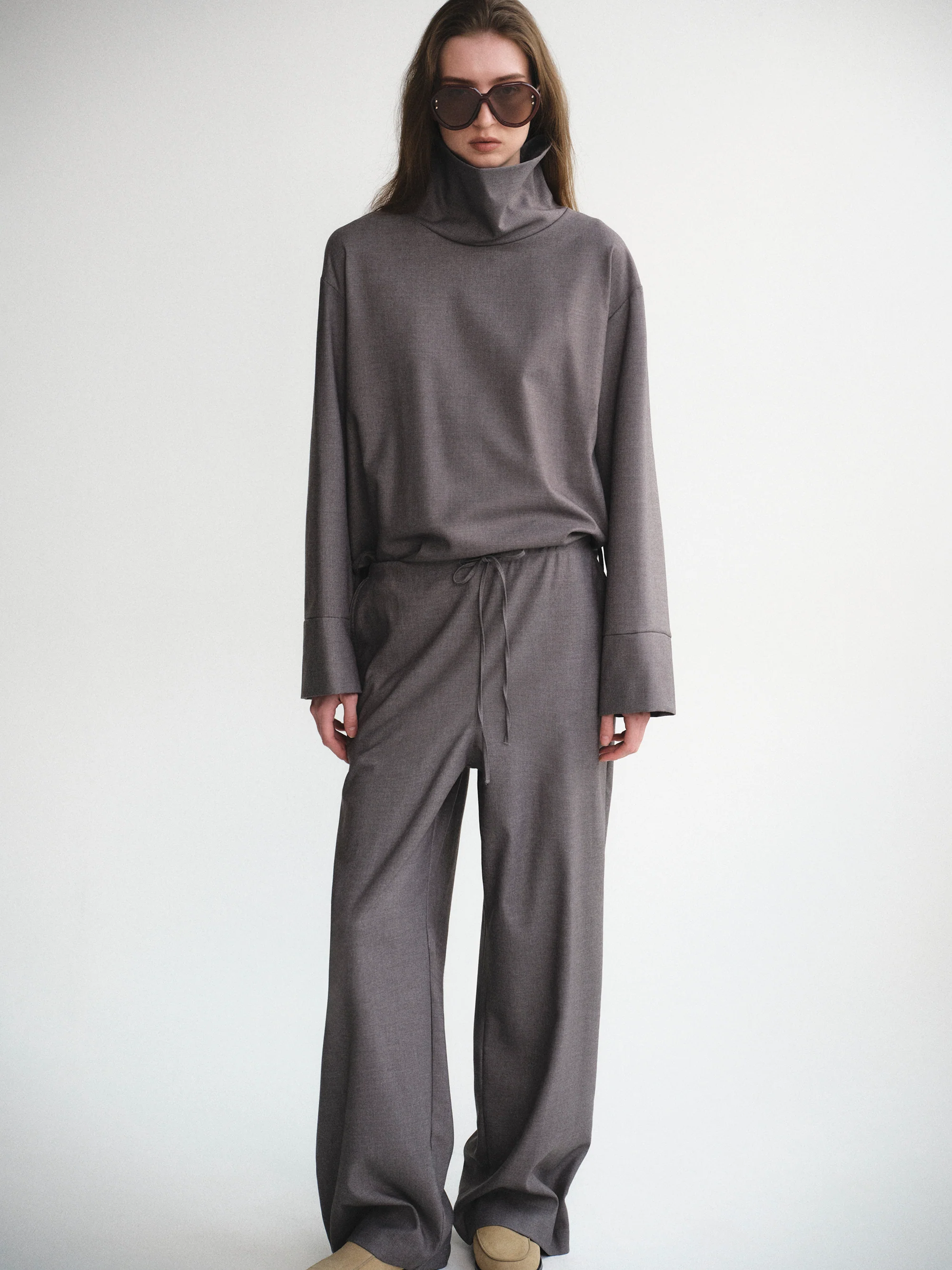 Drawstring Flannel Trousers, Grey - Image 2