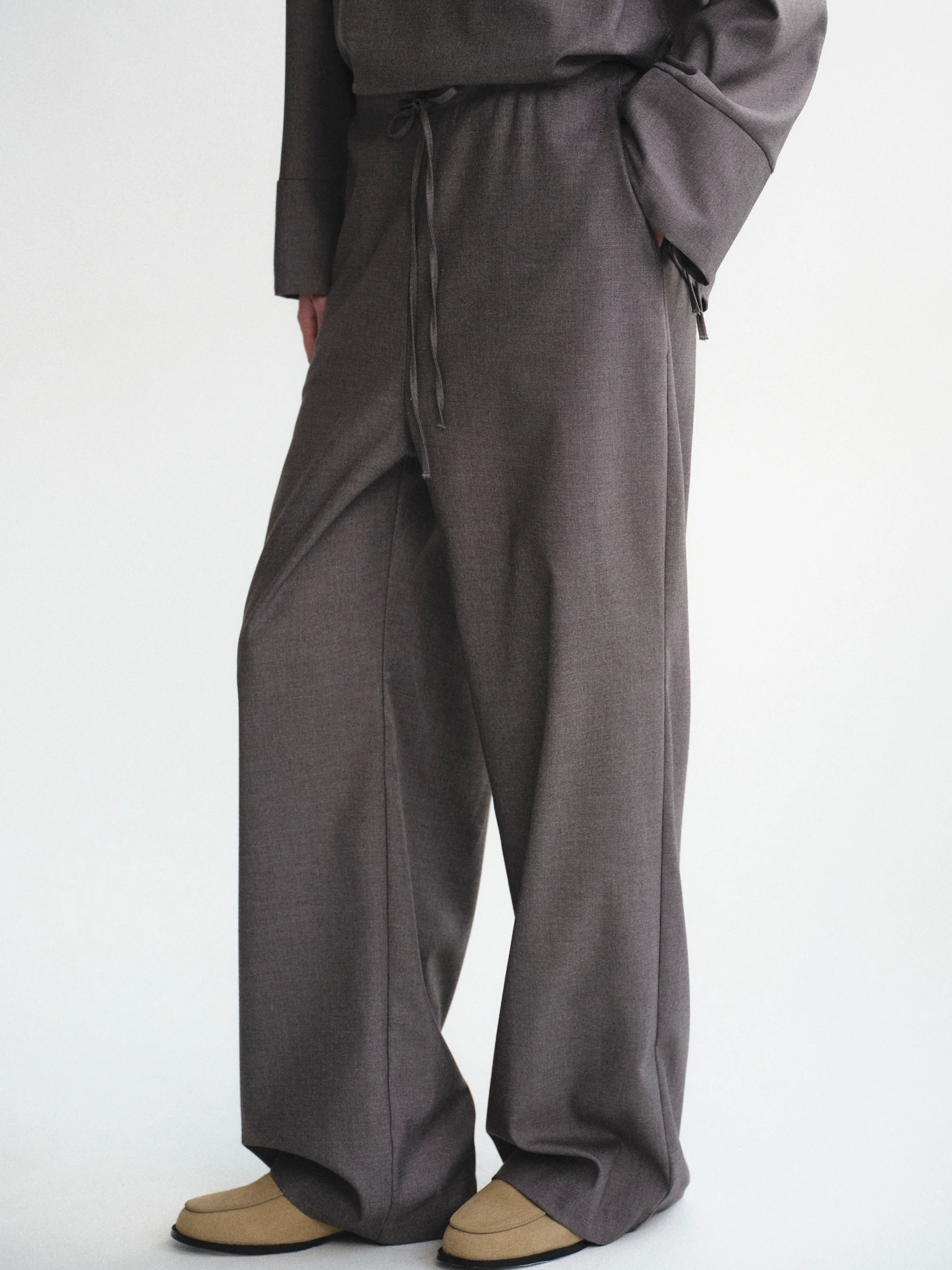 Drawstring Flannel Trousers, Grey - Image 3