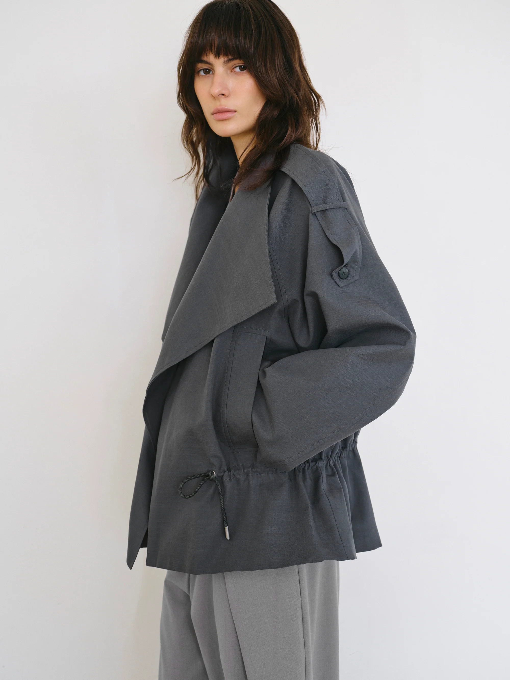 Drawstring Short Trench Jacket, Charcoal