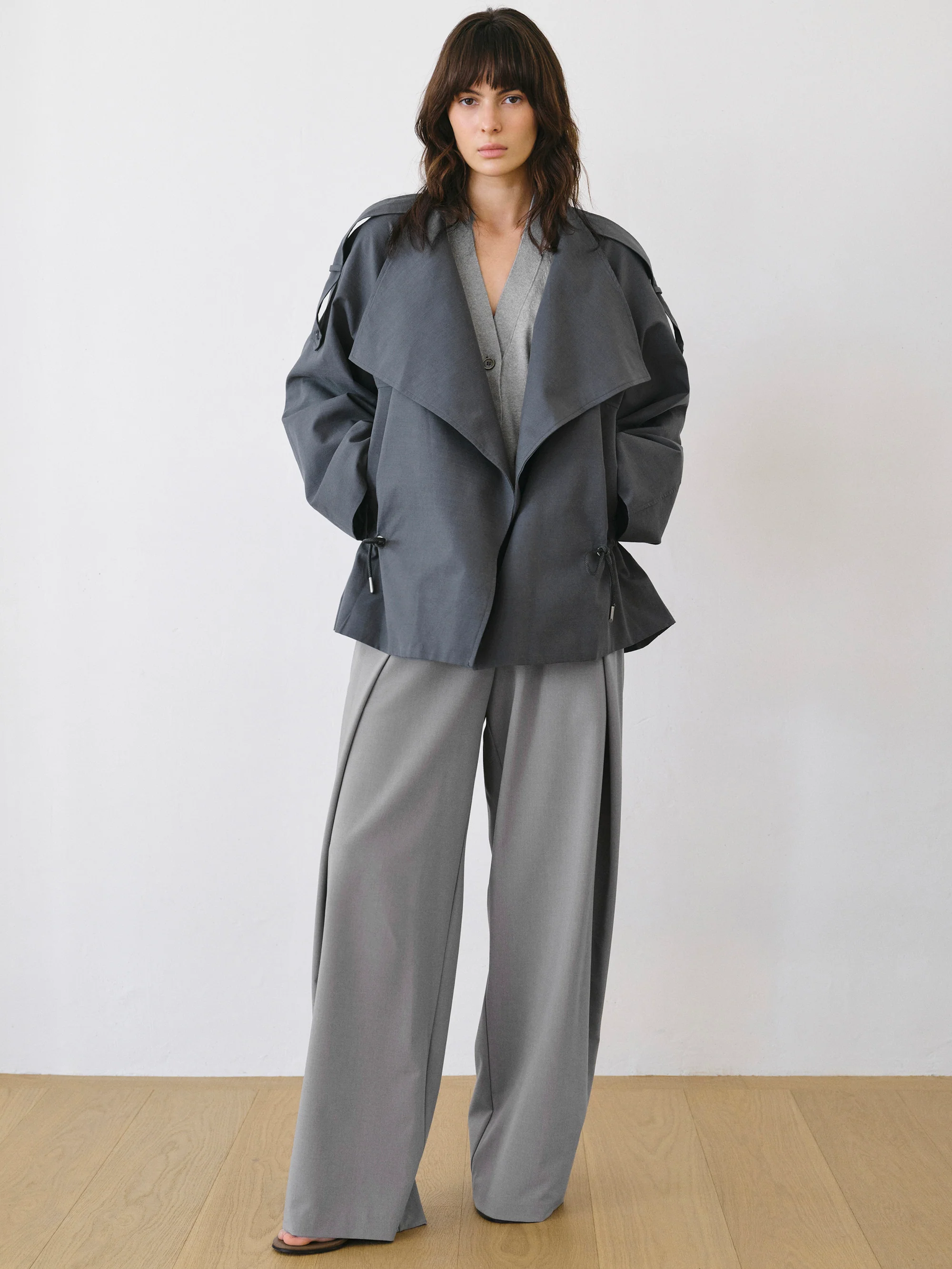 Drawstring Short Trench Jacket, Charcoal - Image 2