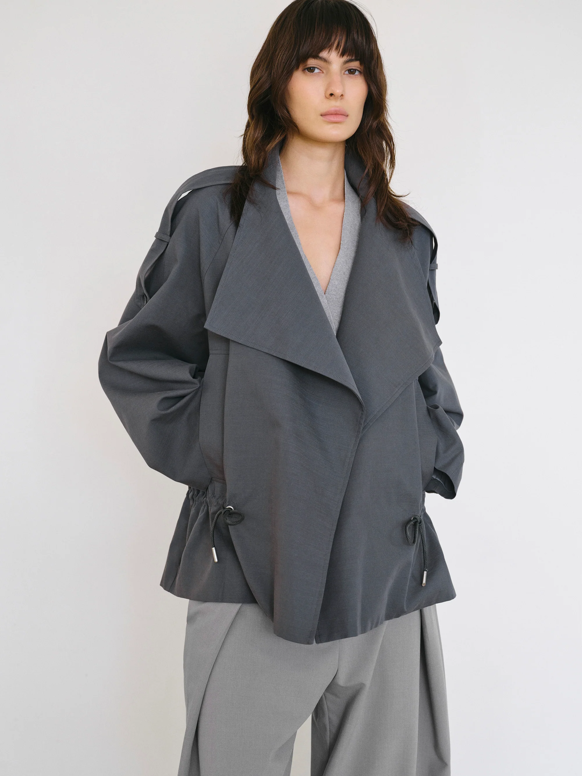 Drawstring Short Trench Jacket, Charcoal - Image 3