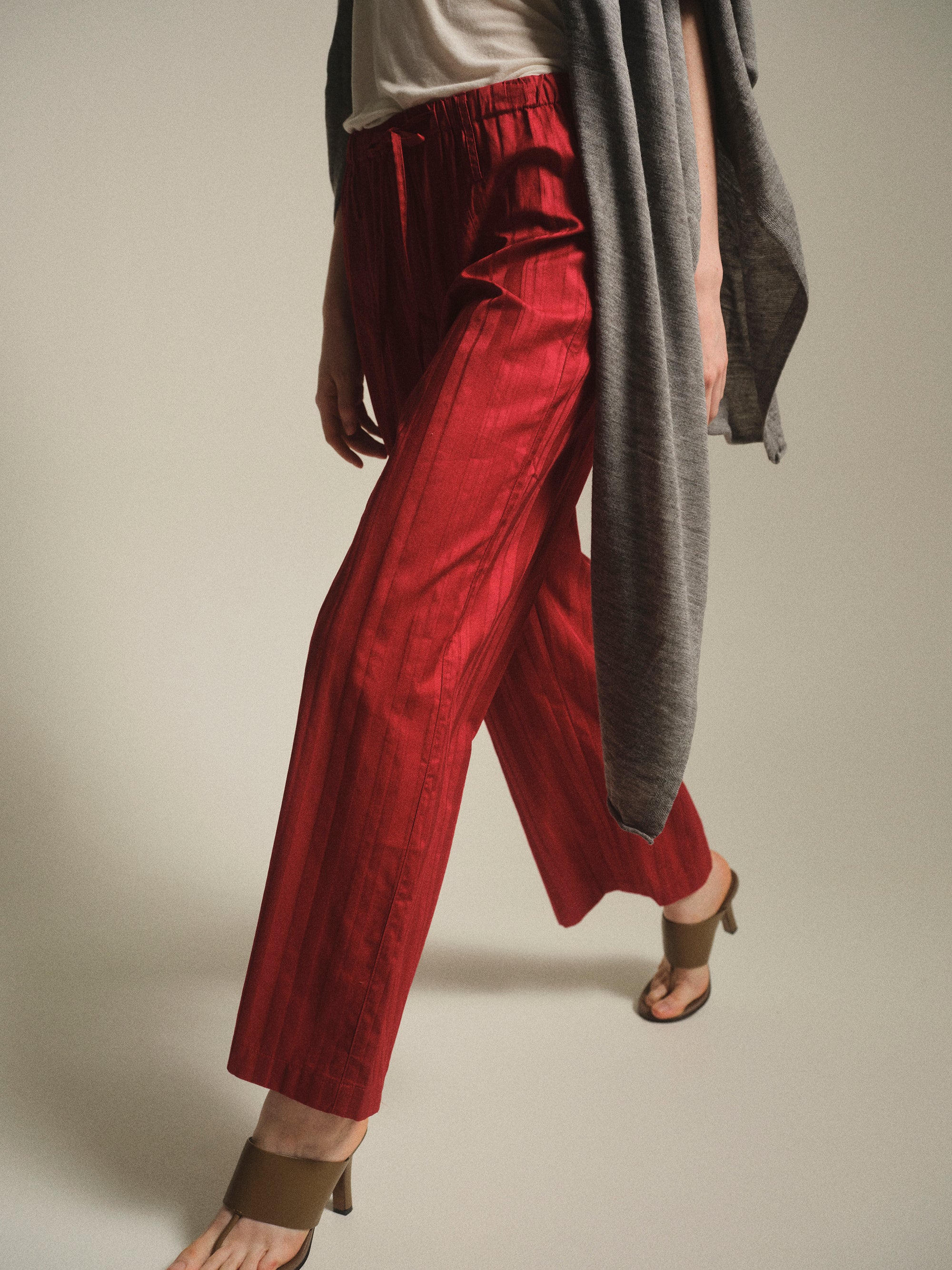 Drawstring Striped Trousers, Red