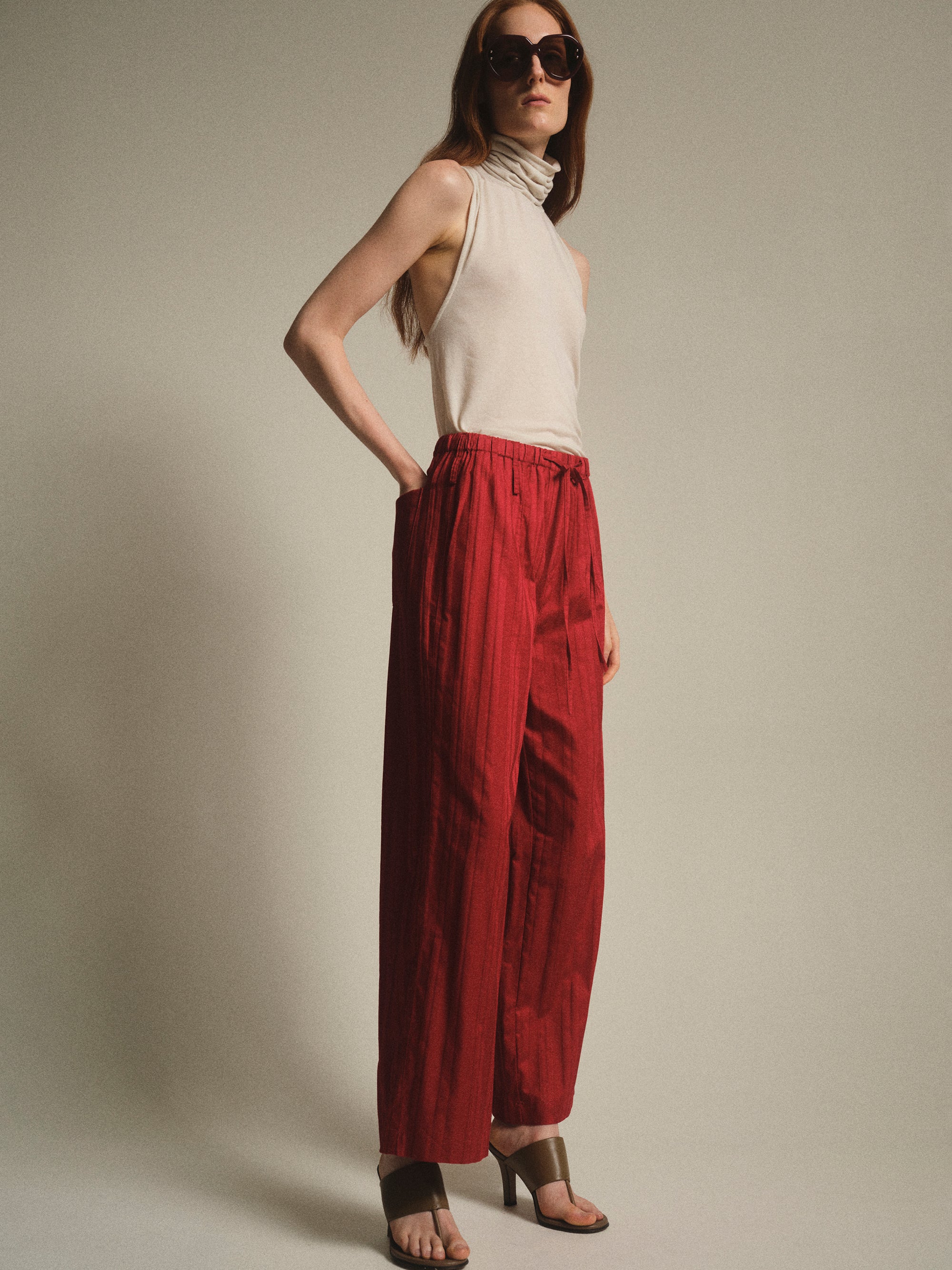 Drawstring Striped Trousers, Red - Image 2
