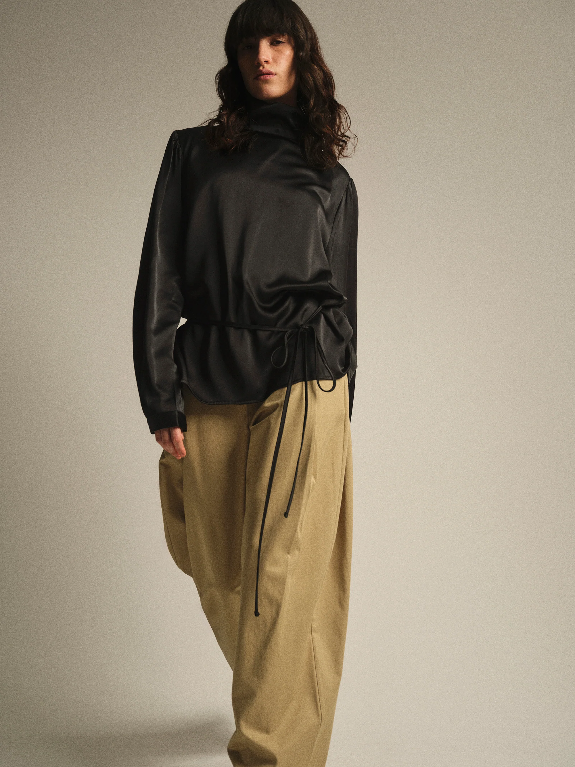 Eben Draped Satin High-Neck Blouse, Black - Image 2