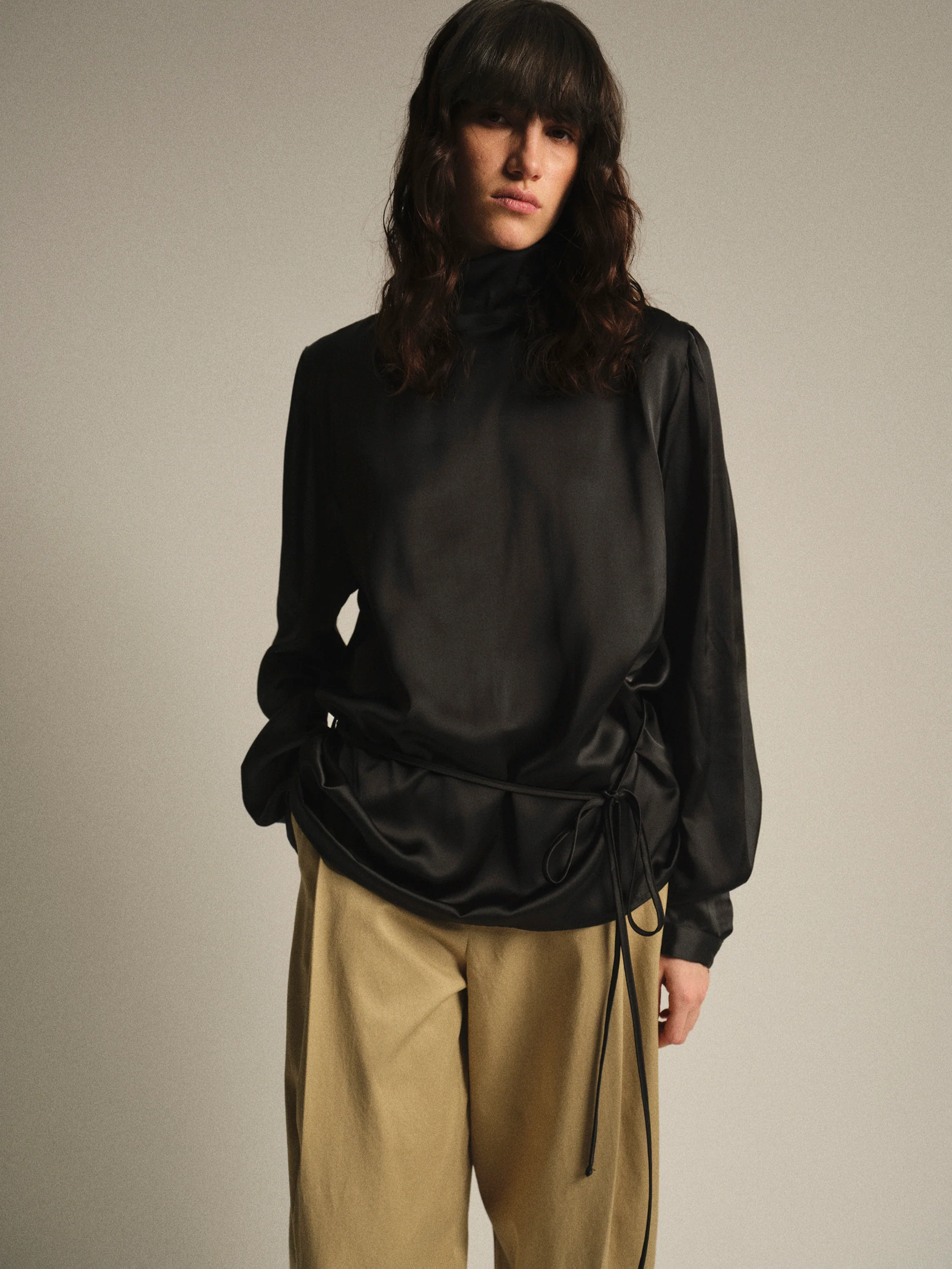 Eben Draped Satin High-Neck Blouse, Black - Image 3