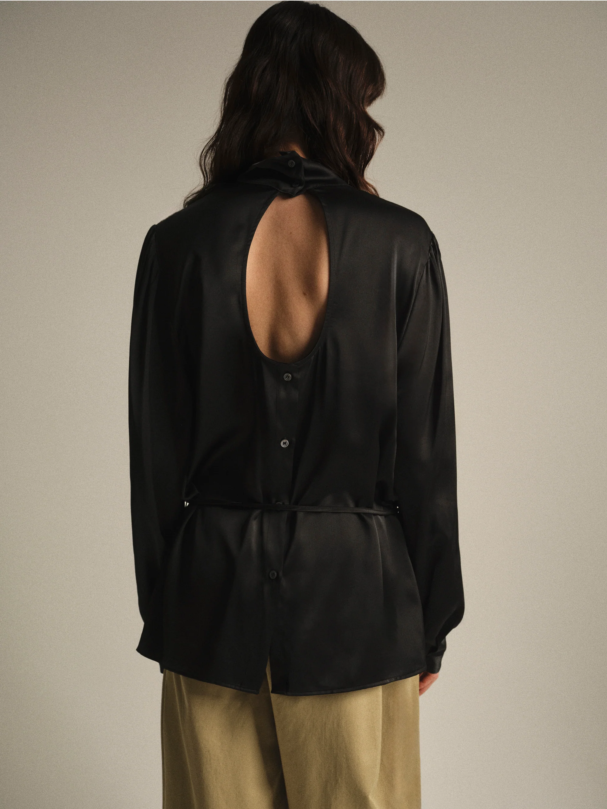 Eben Draped Satin High-Neck Blouse, Black - Image 4