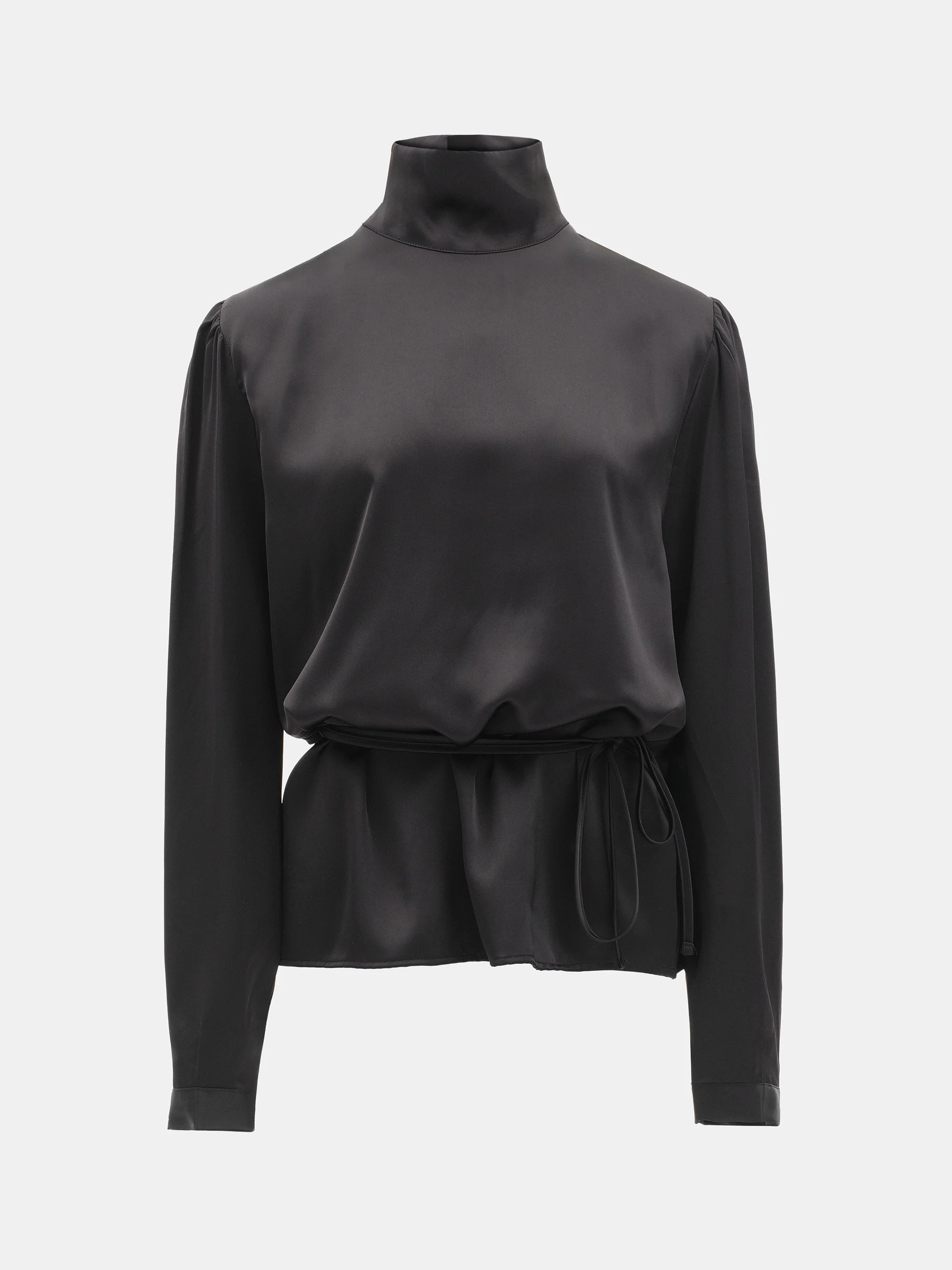 Eben Draped Satin High-Neck Blouse, Black - Image 5