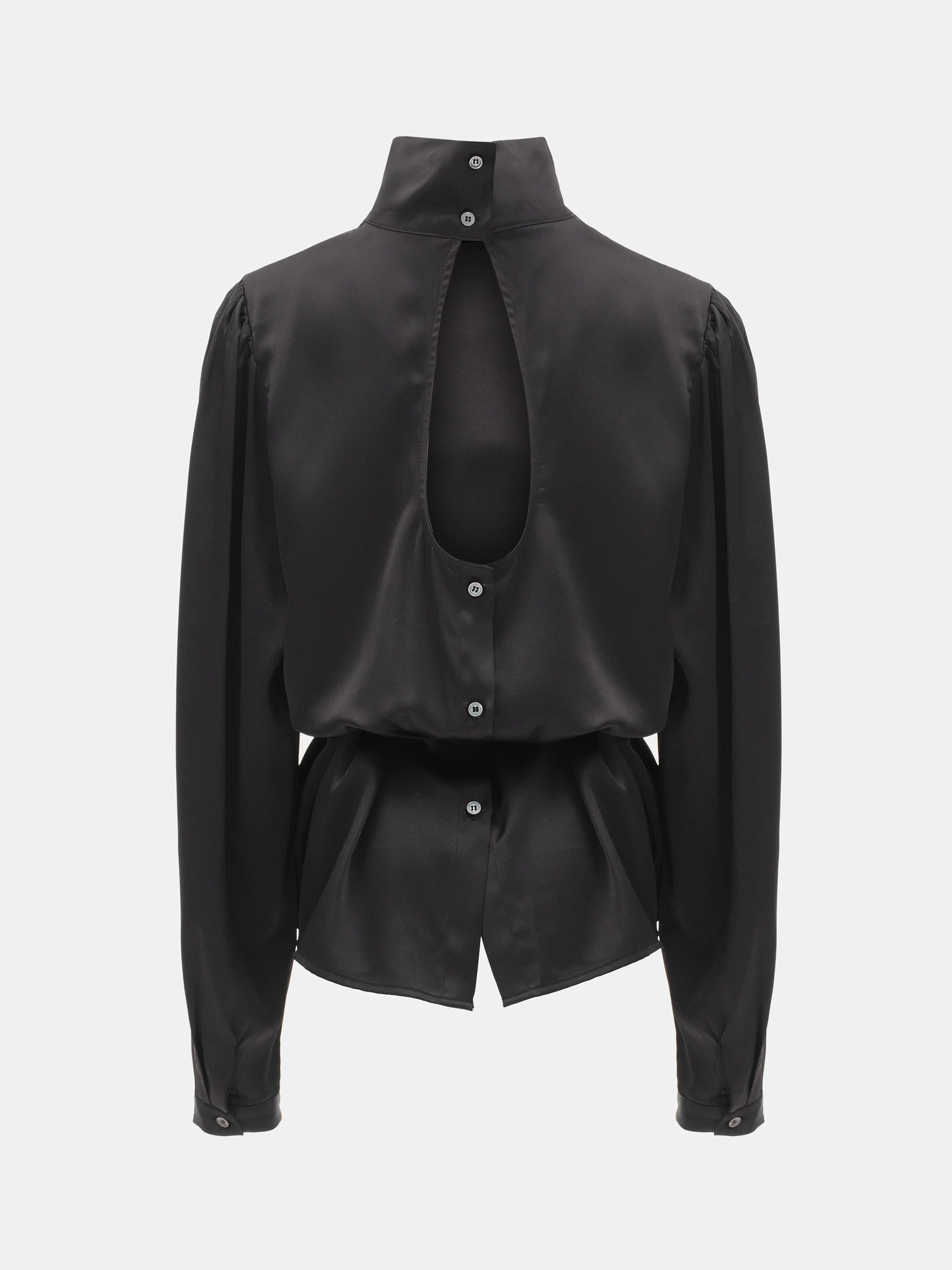 Eben Draped Satin High-Neck Blouse, Black - Image 6