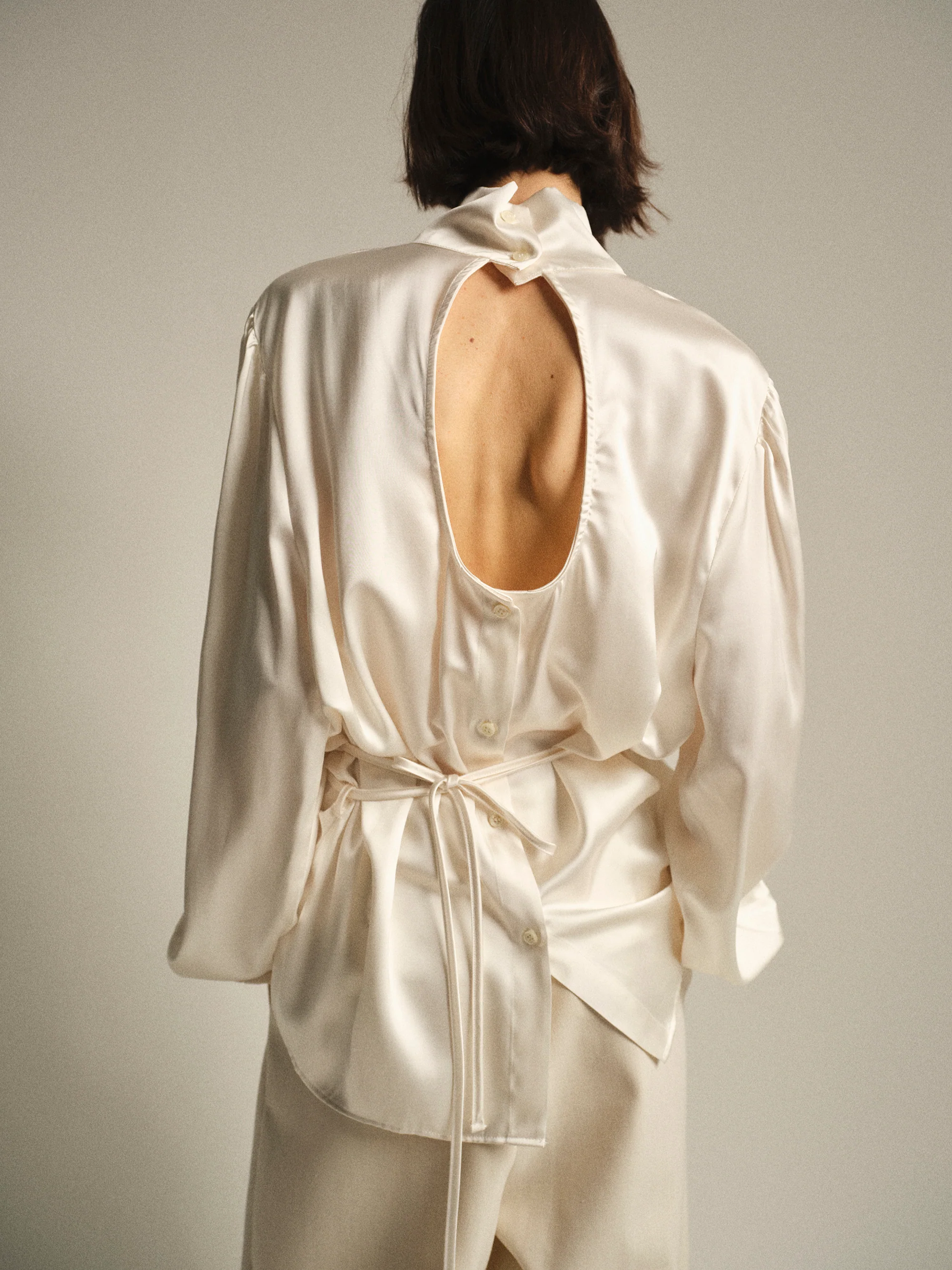Eben Draped Satin High-Neck Blouse, Ivory