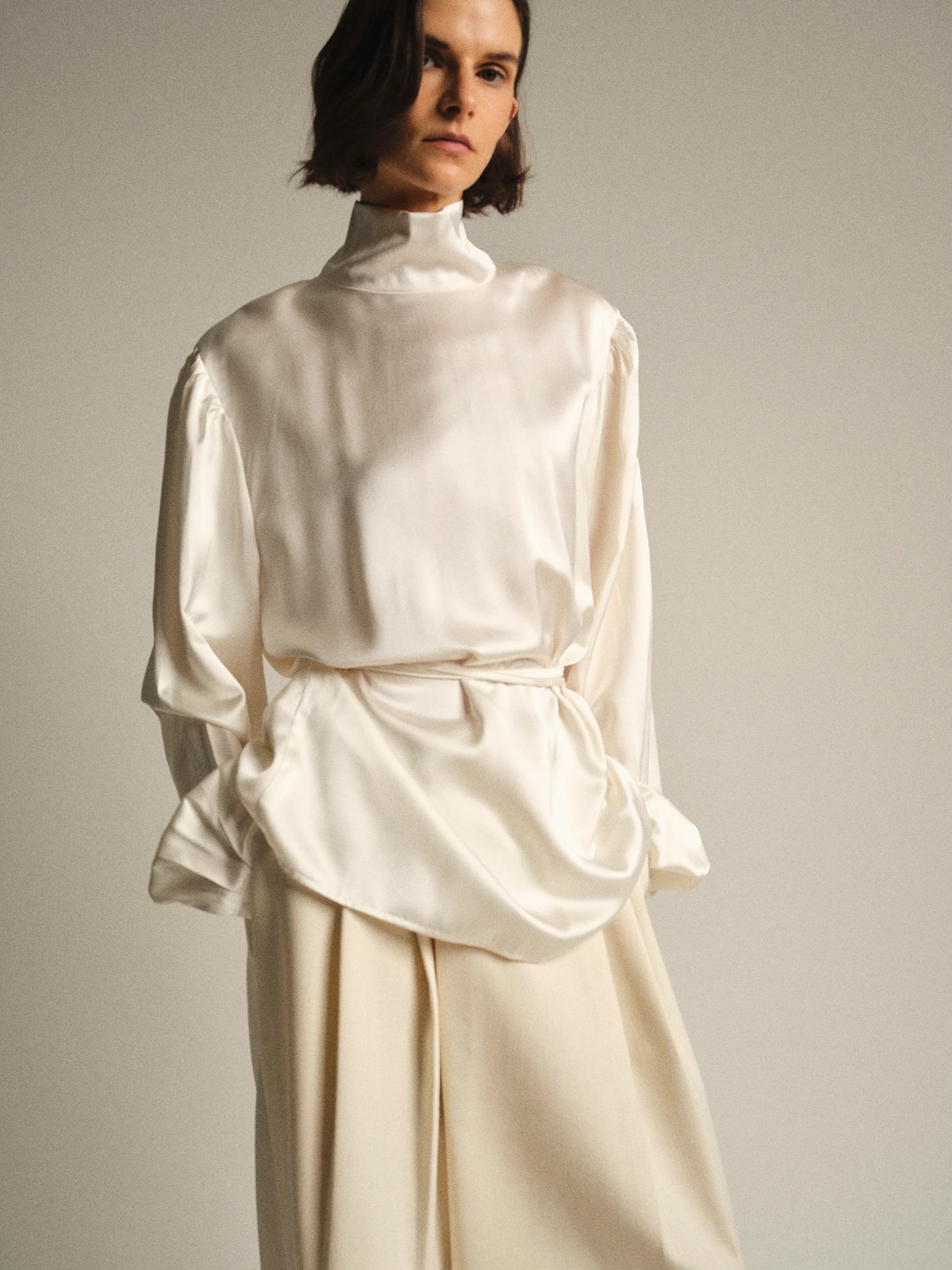 Eben Draped Satin High-Neck Blouse, Ivory - Image 2