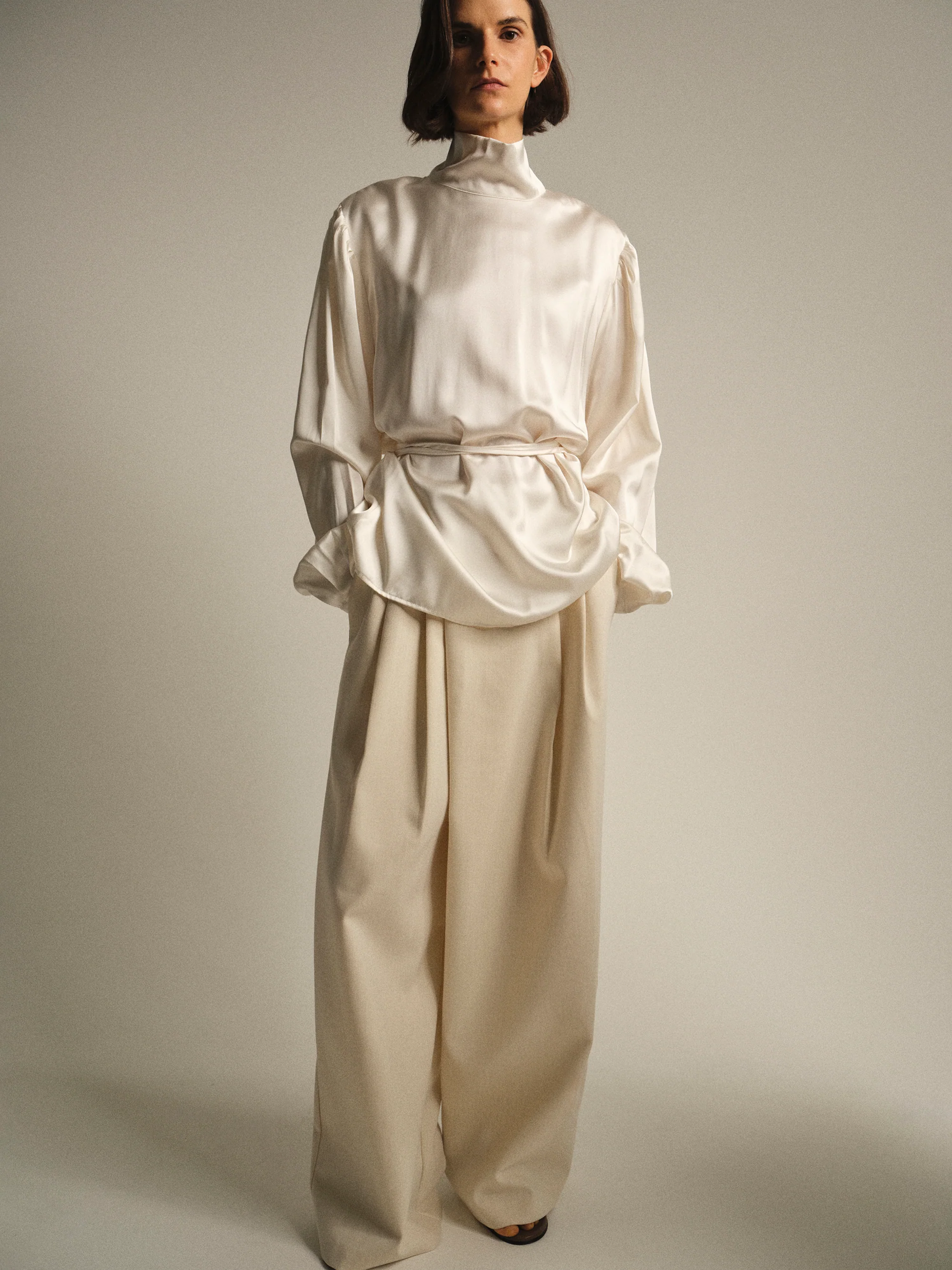 Eben Draped Satin High-Neck Blouse, Ivory - Image 3