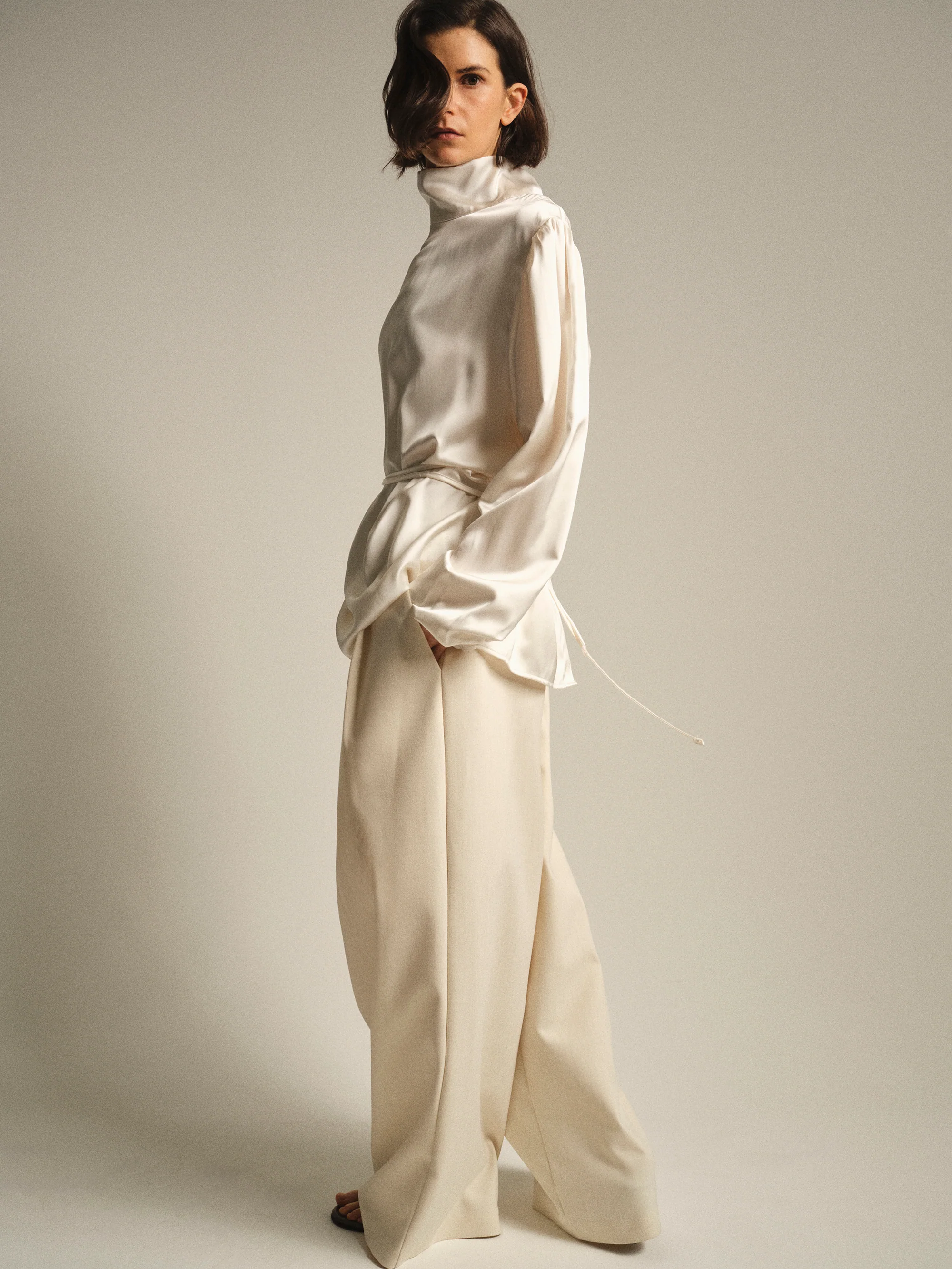 Eben Draped Satin High-Neck Blouse, Ivory - Image 4