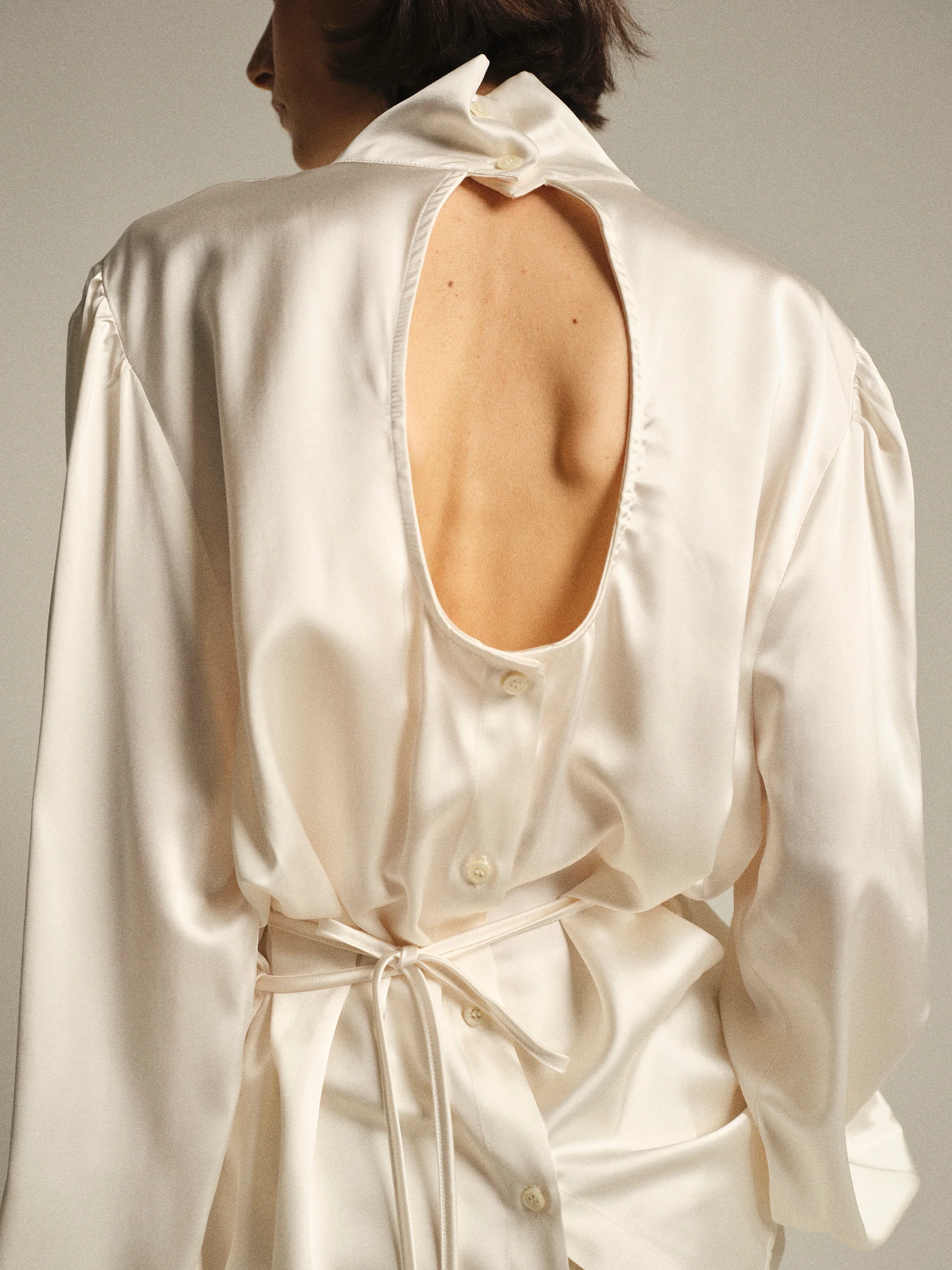 Eben Draped Satin High-Neck Blouse, Ivory - Image 5