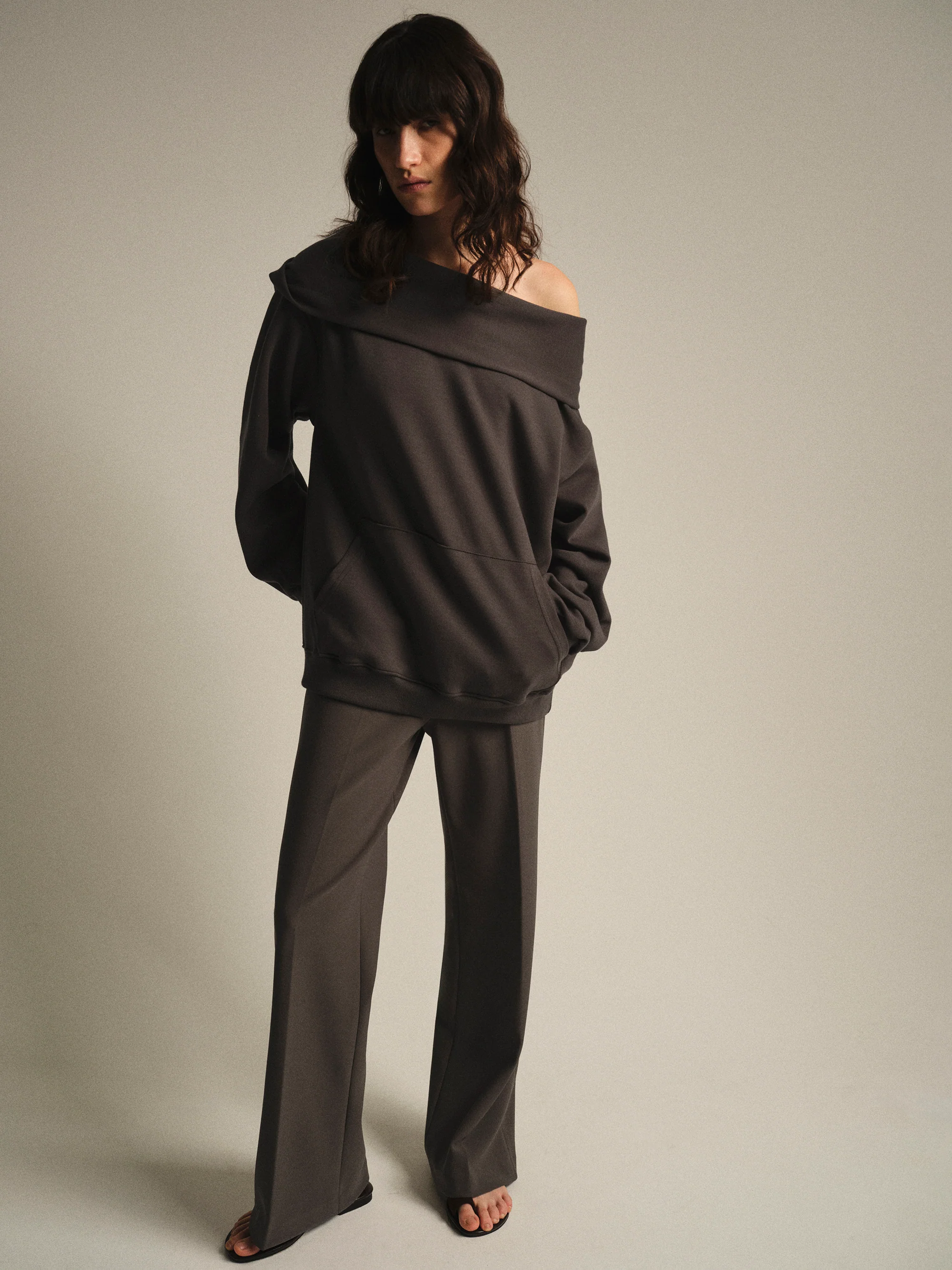 Elastic Waist Creased Trousers, Brown - Image 2