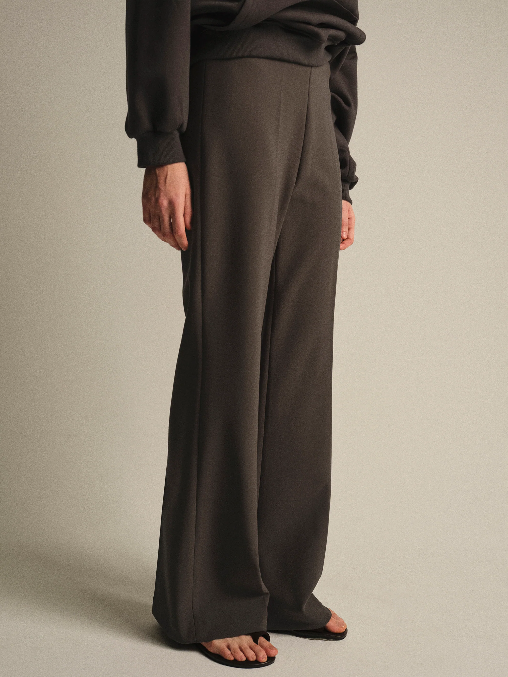 Elastic Waist Creased Trousers, Brown - Image 3