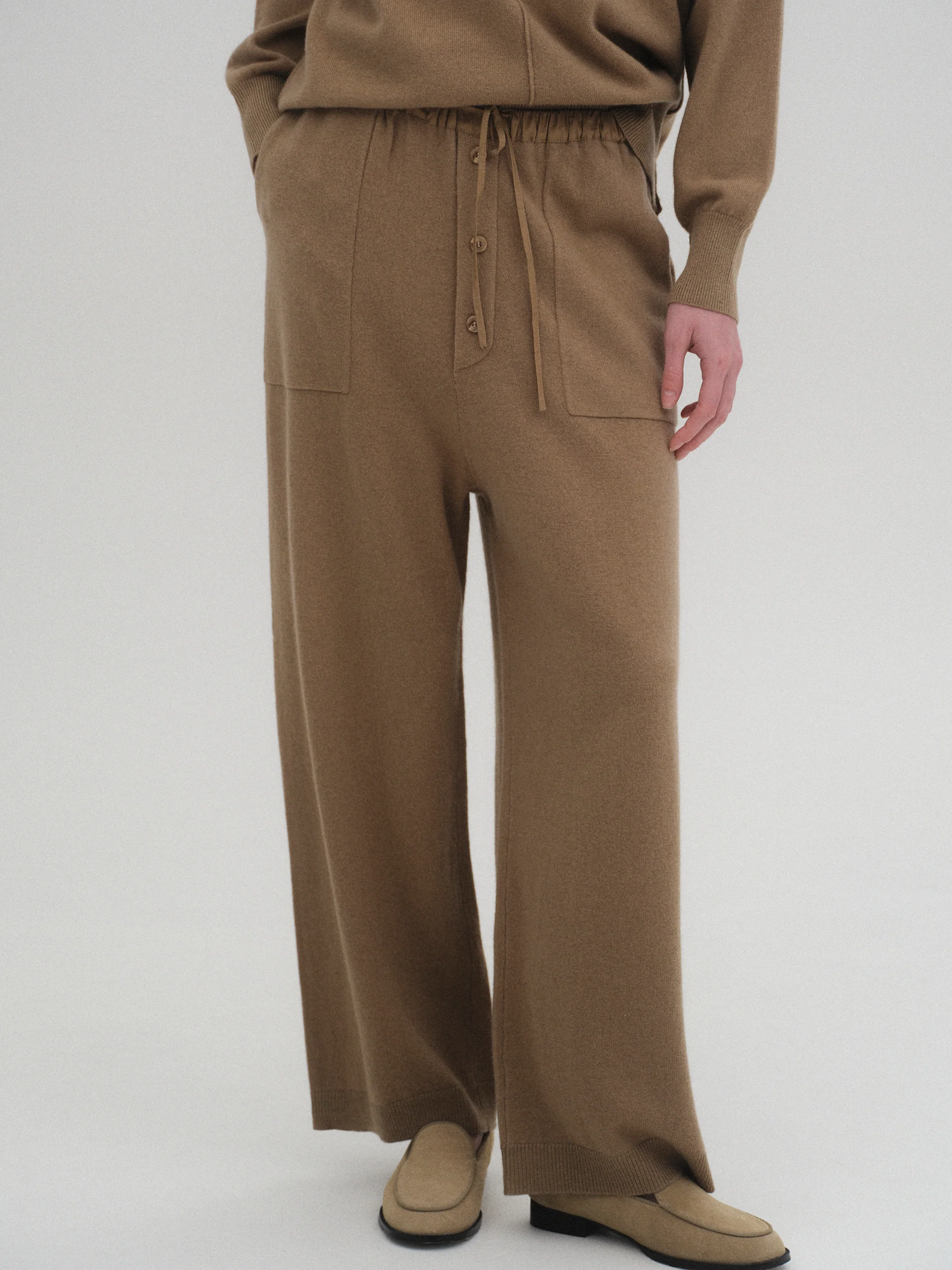 Elastic Waist Wool Pants, Brown