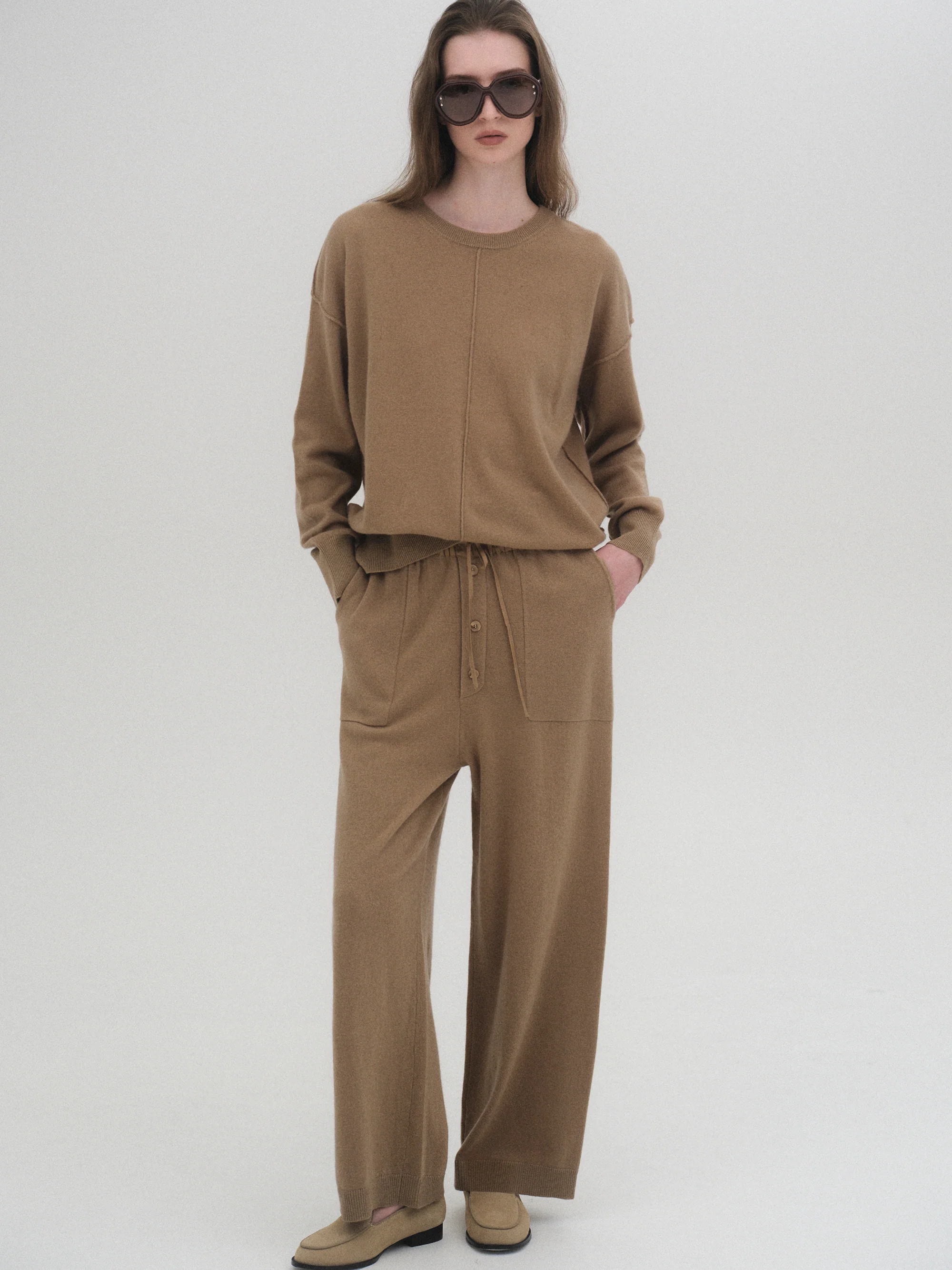 Elastic Waist Wool Pants, Brown - Image 2