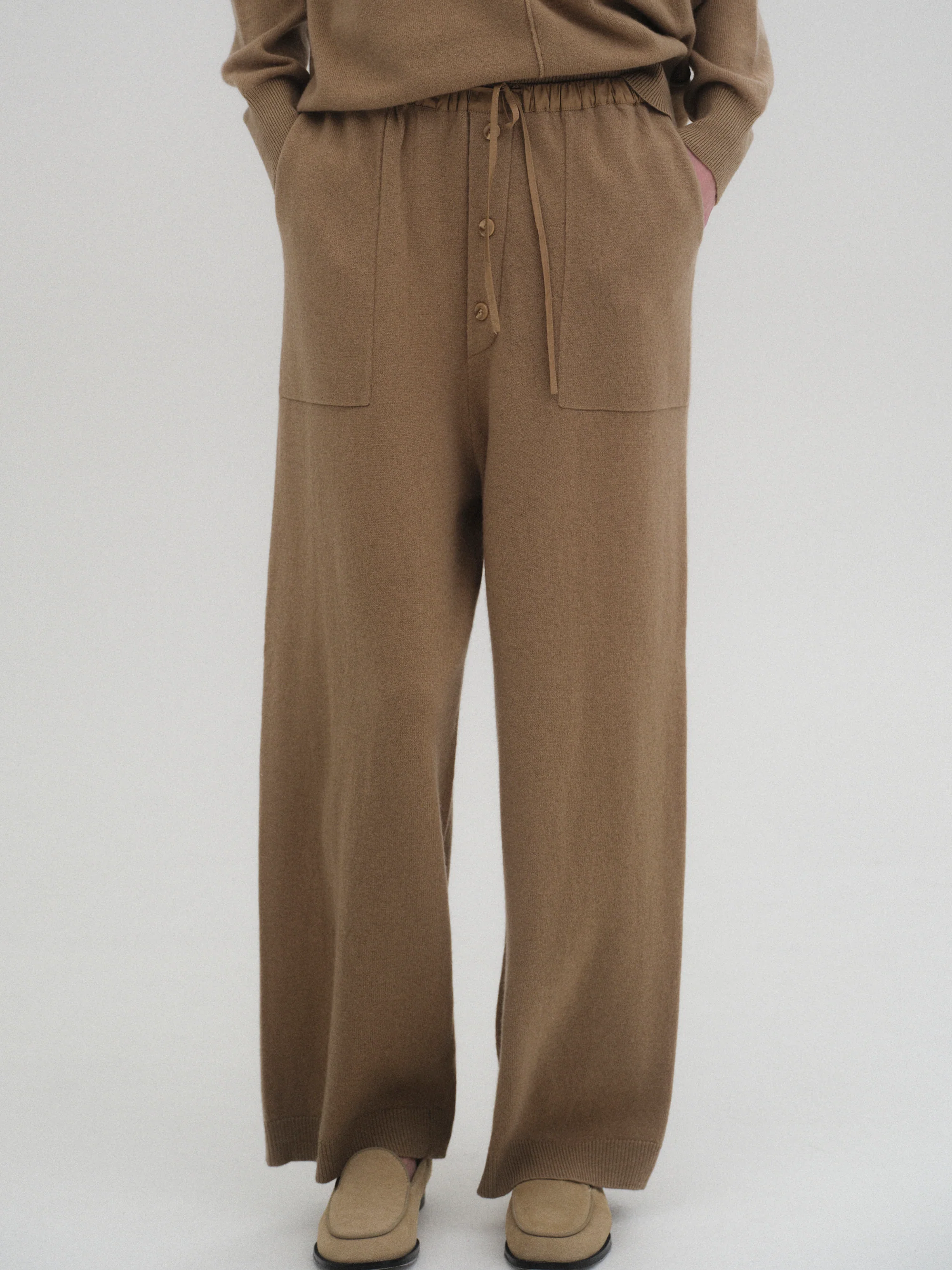 Elastic Waist Wool Pants, Brown - Image 3