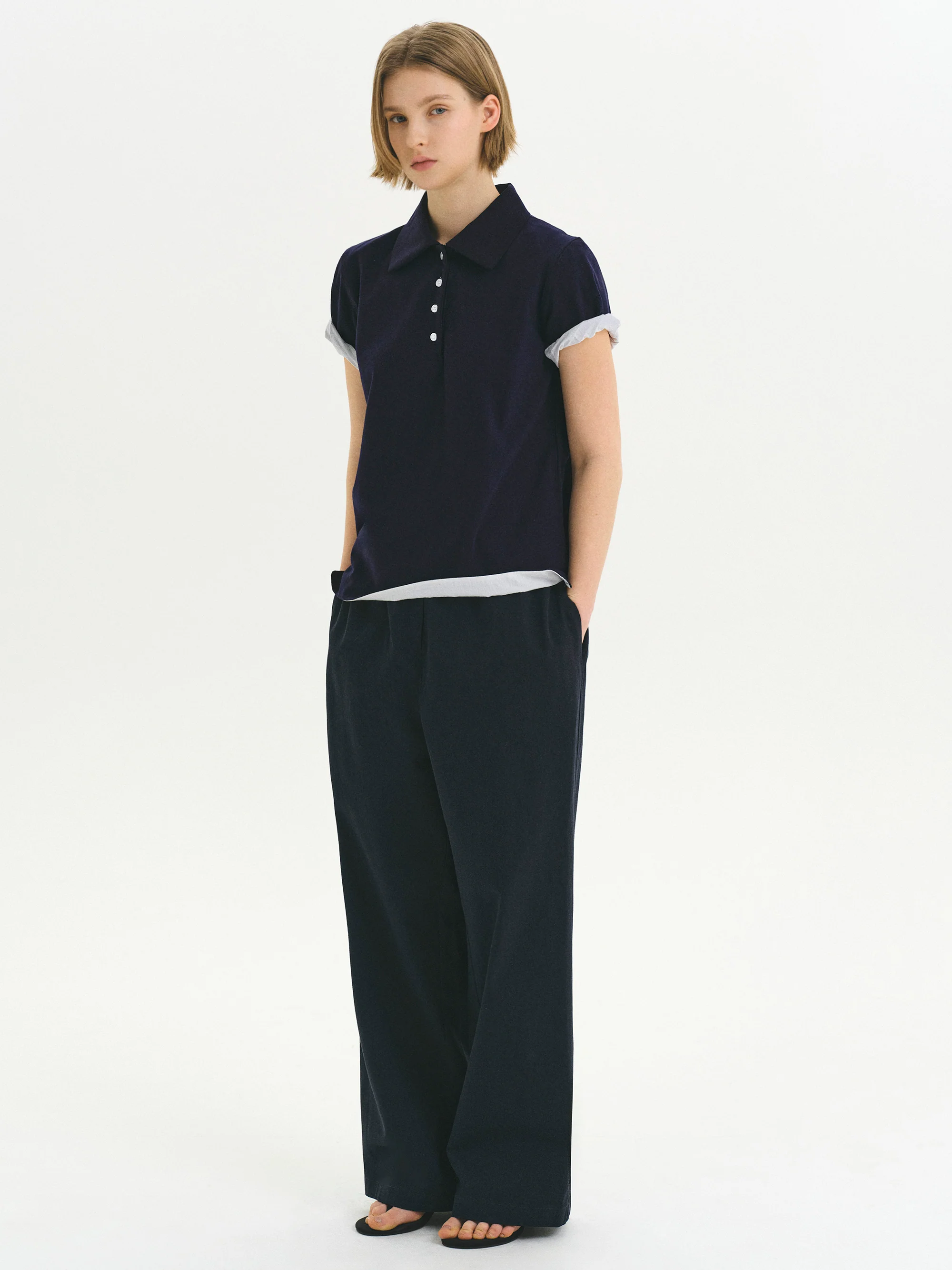 Elasticated Cotton Pants, Navy - Image 2