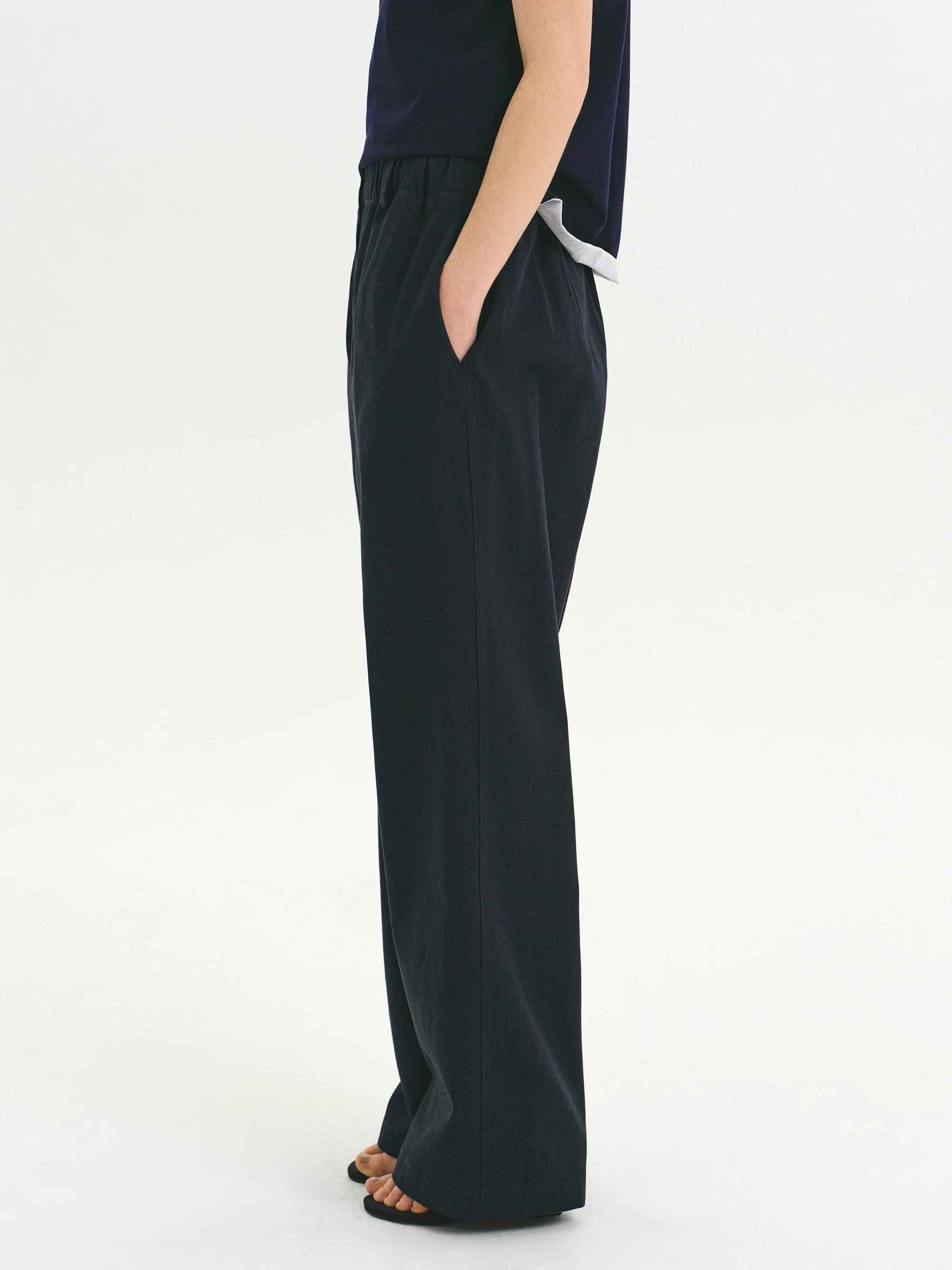 Elasticated Cotton Pants, Navy - Image 3