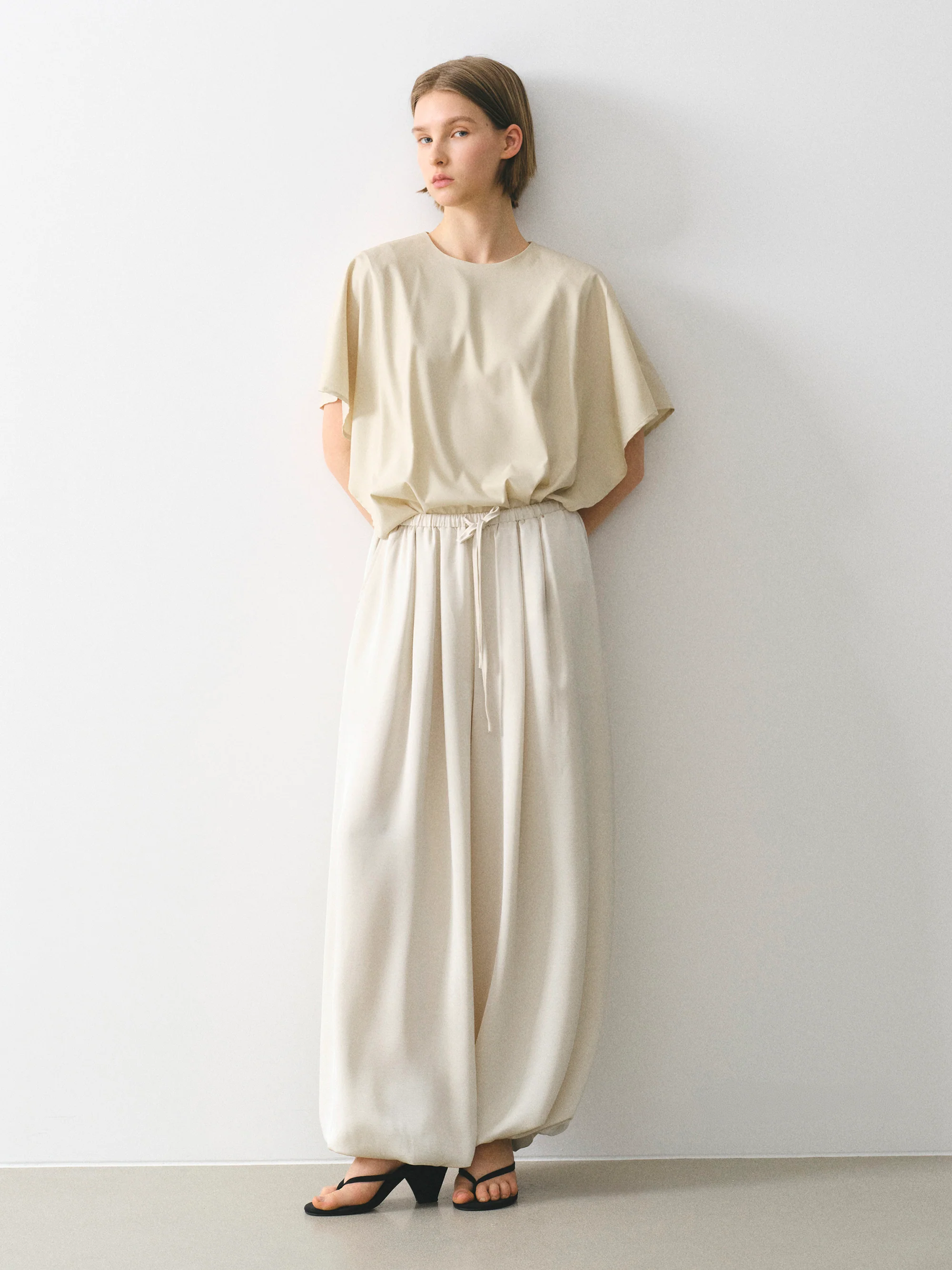 Elasticated Satin-Effect Balloon Pants, Beige - Image 2