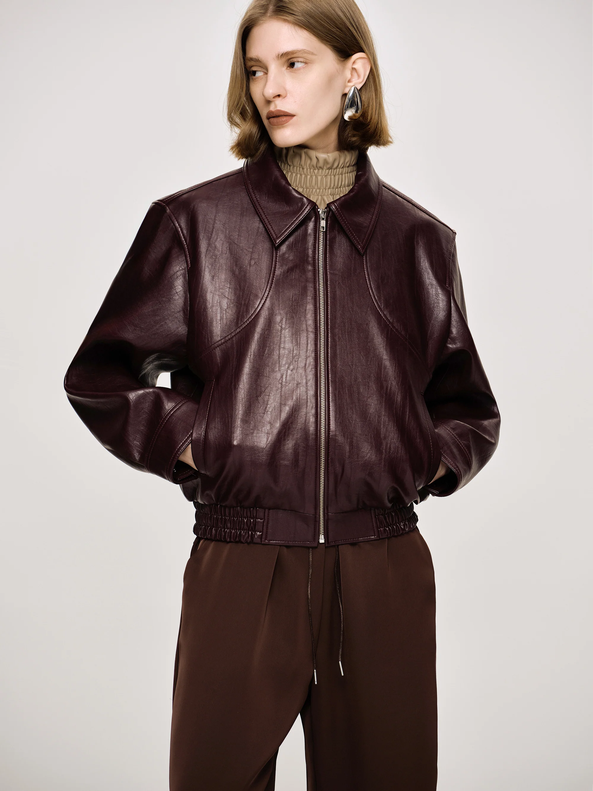 Ennio Faux-Leather Bomber Jacket, Mahogany - Image 4