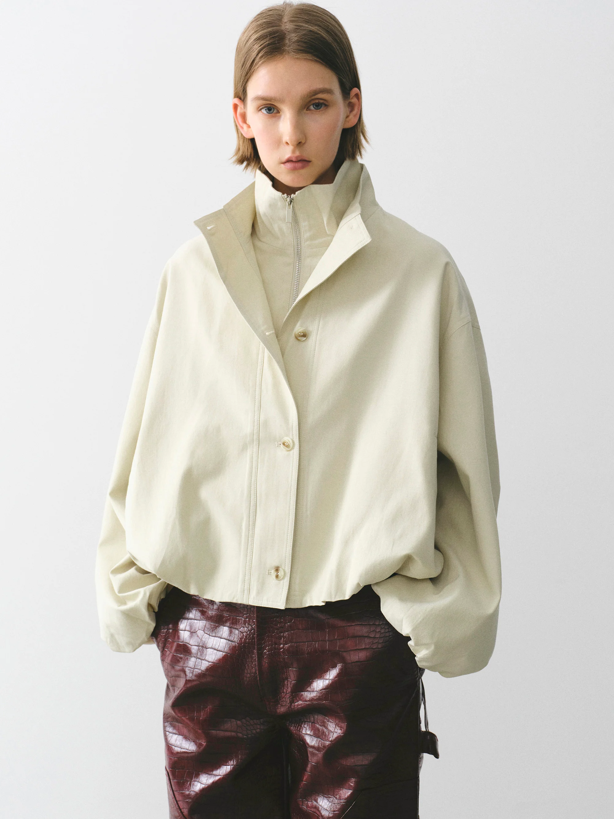 Ezra Double Collar Balloon Jacket, Beige