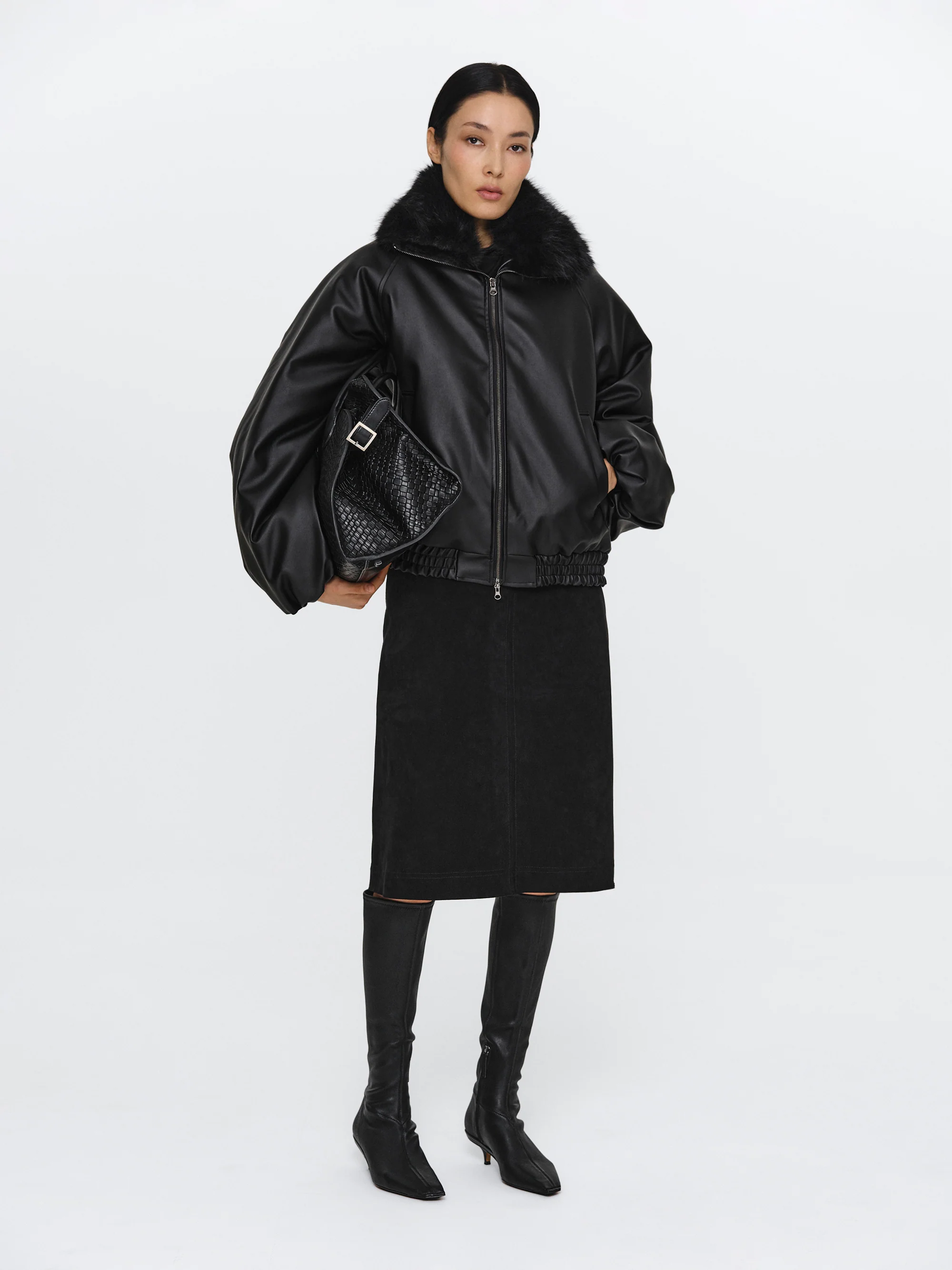 Faux Collar Leather Bomber, Black