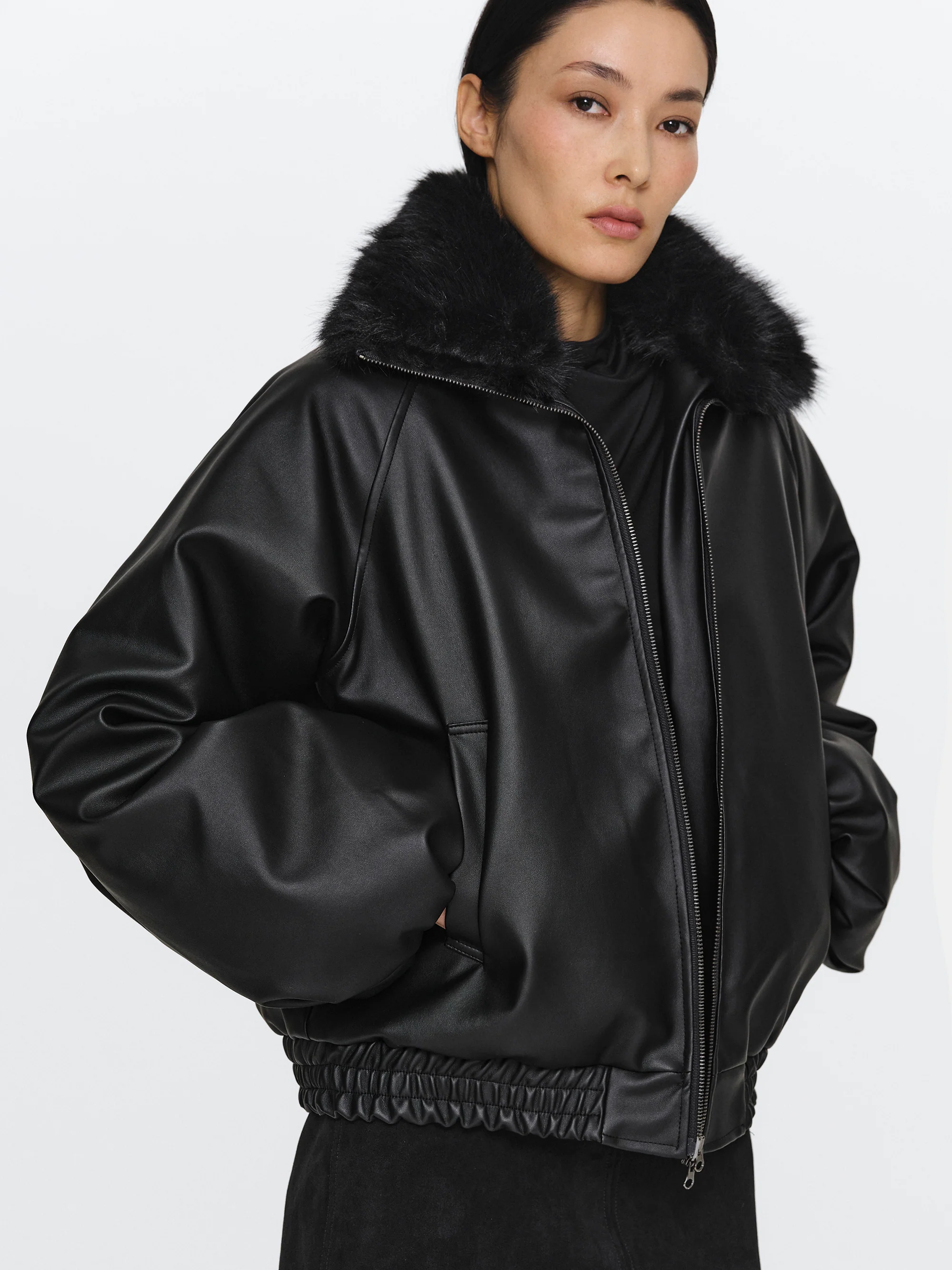 Faux Collar Leather Bomber, Black - Image 2