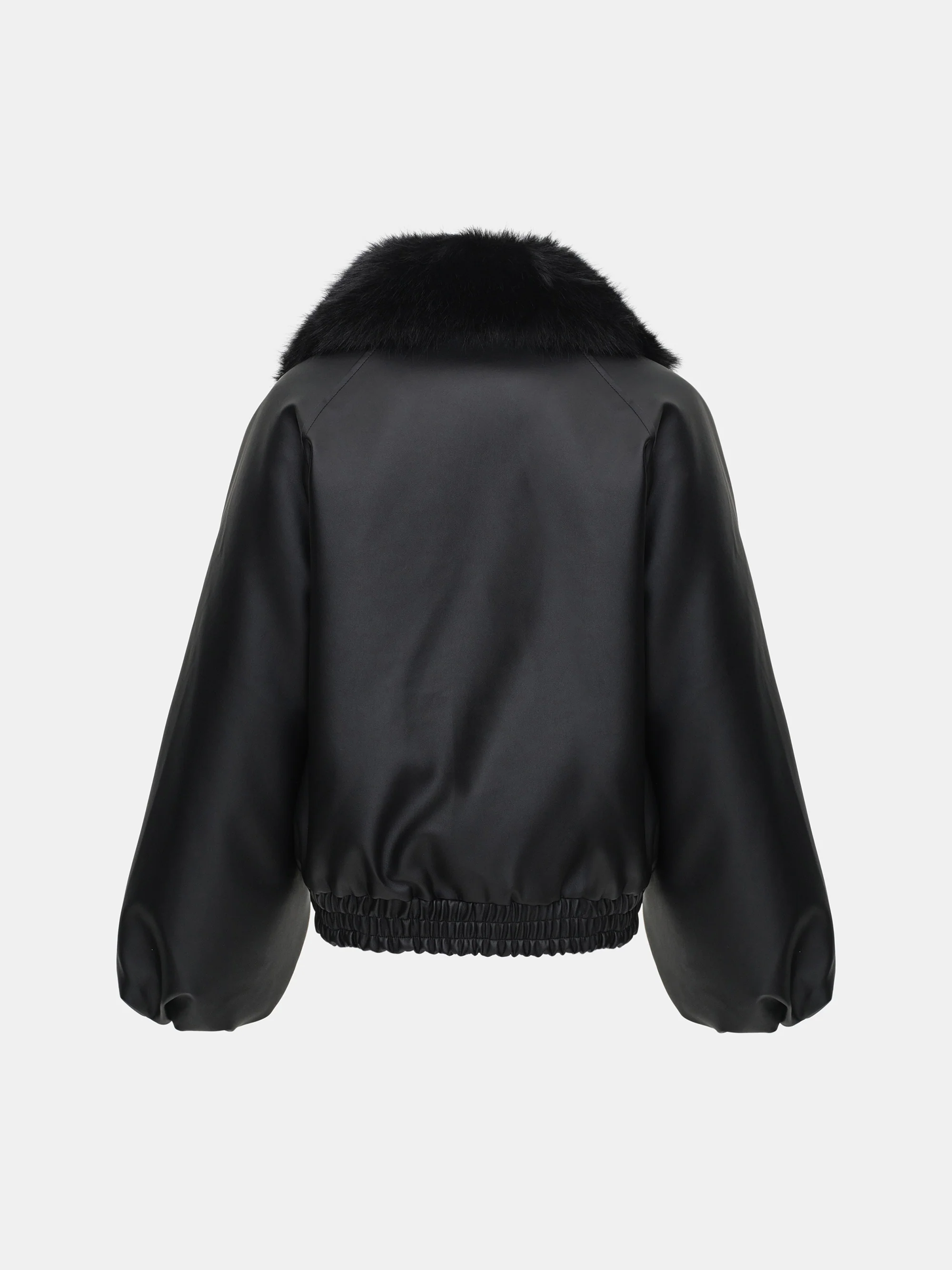 Faux Collar Leather Bomber, Black - Image 6