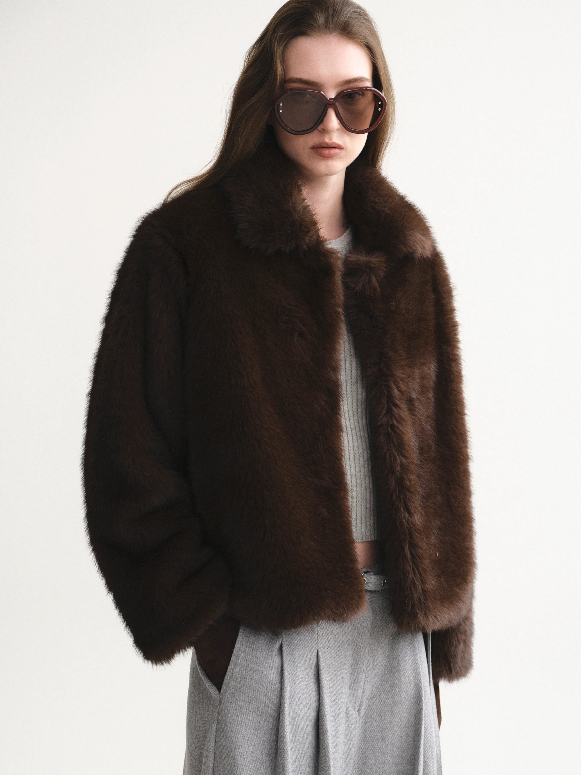 Faux-Fur Collar Jacket, Brown