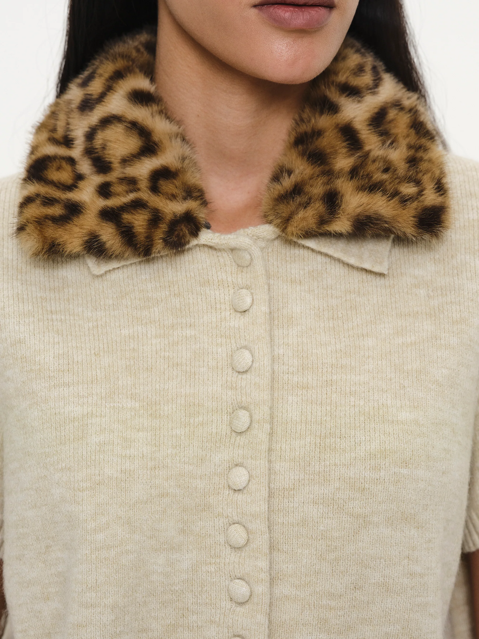 Faux-Fur Collar Knit Top, Beige - Image 2