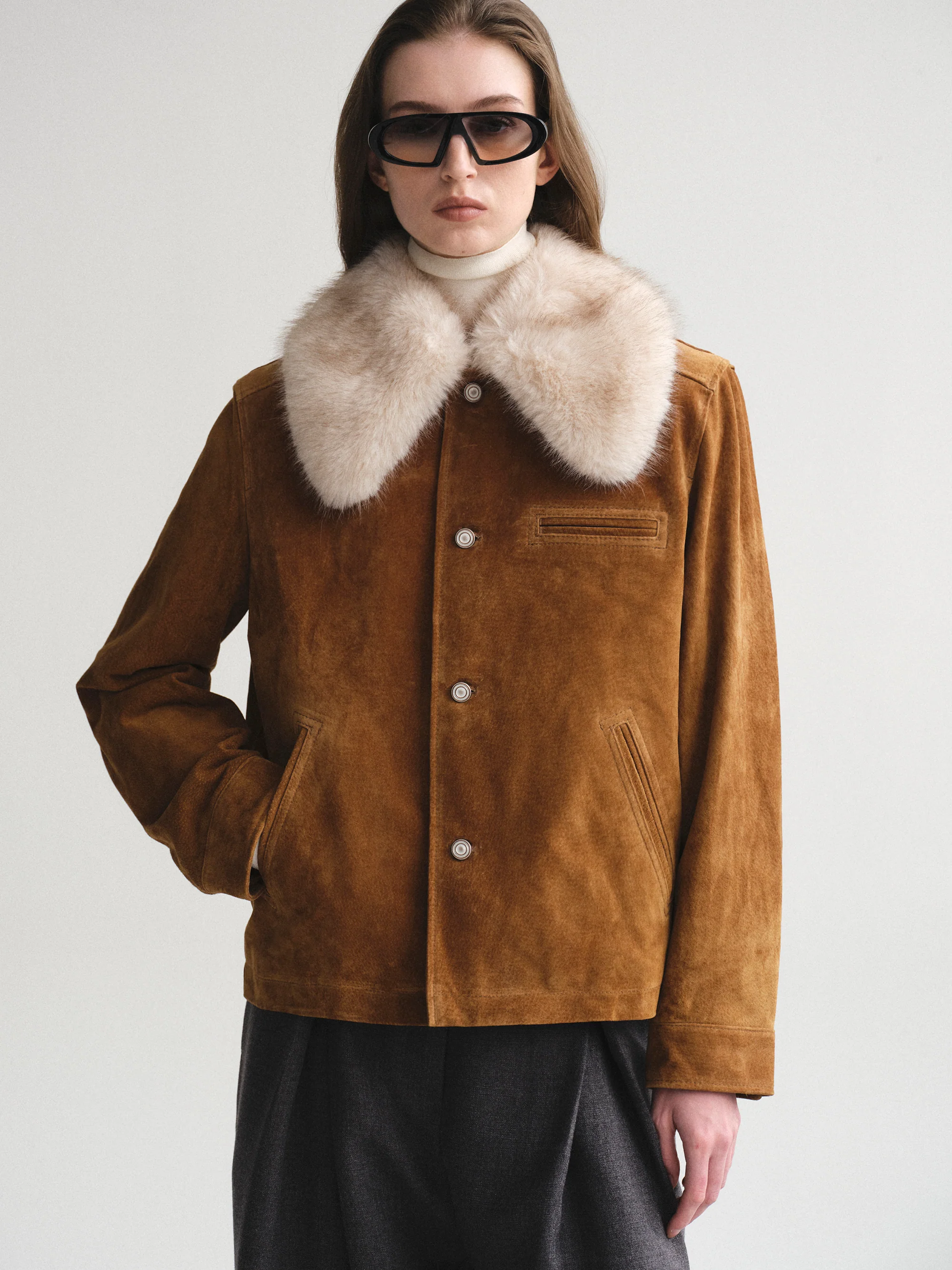 Faux-Fur Collar Suede Jacket, Camel