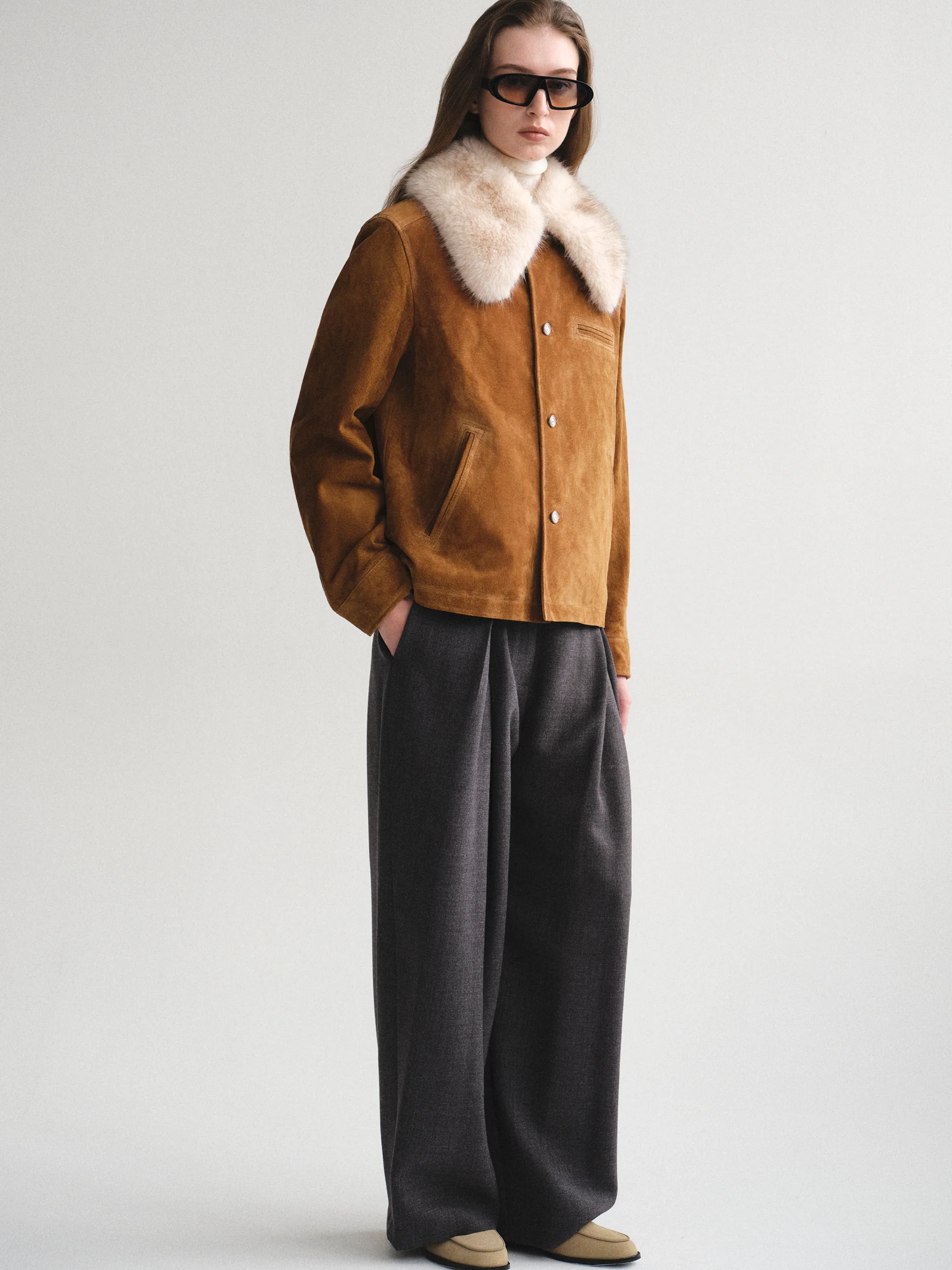 Faux-Fur Collar Suede Jacket, Camel - Image 2