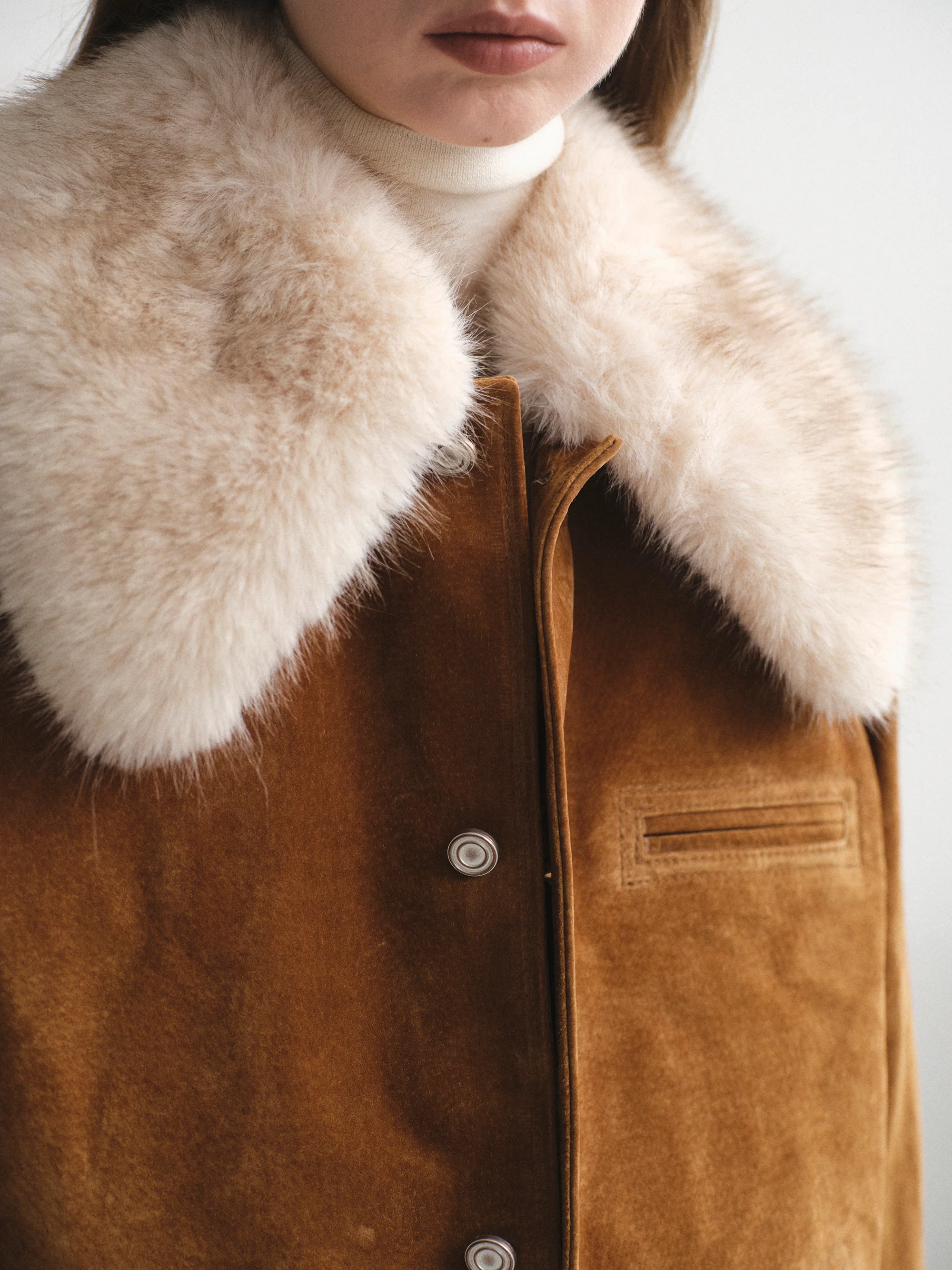 Faux-Fur Collar Suede Jacket, Camel - Image 3