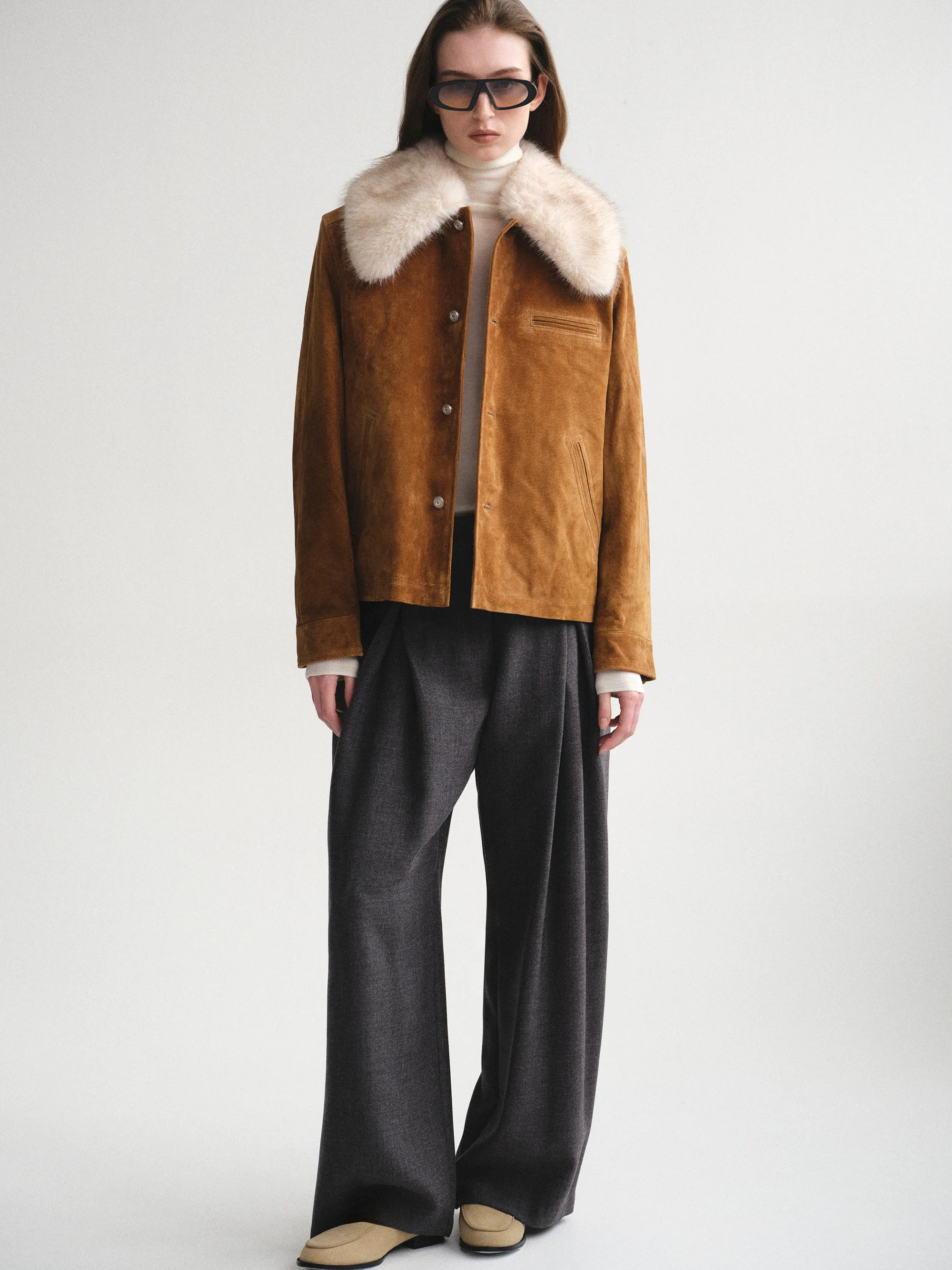 Faux-Fur Collar Suede Jacket, Camel - Image 4