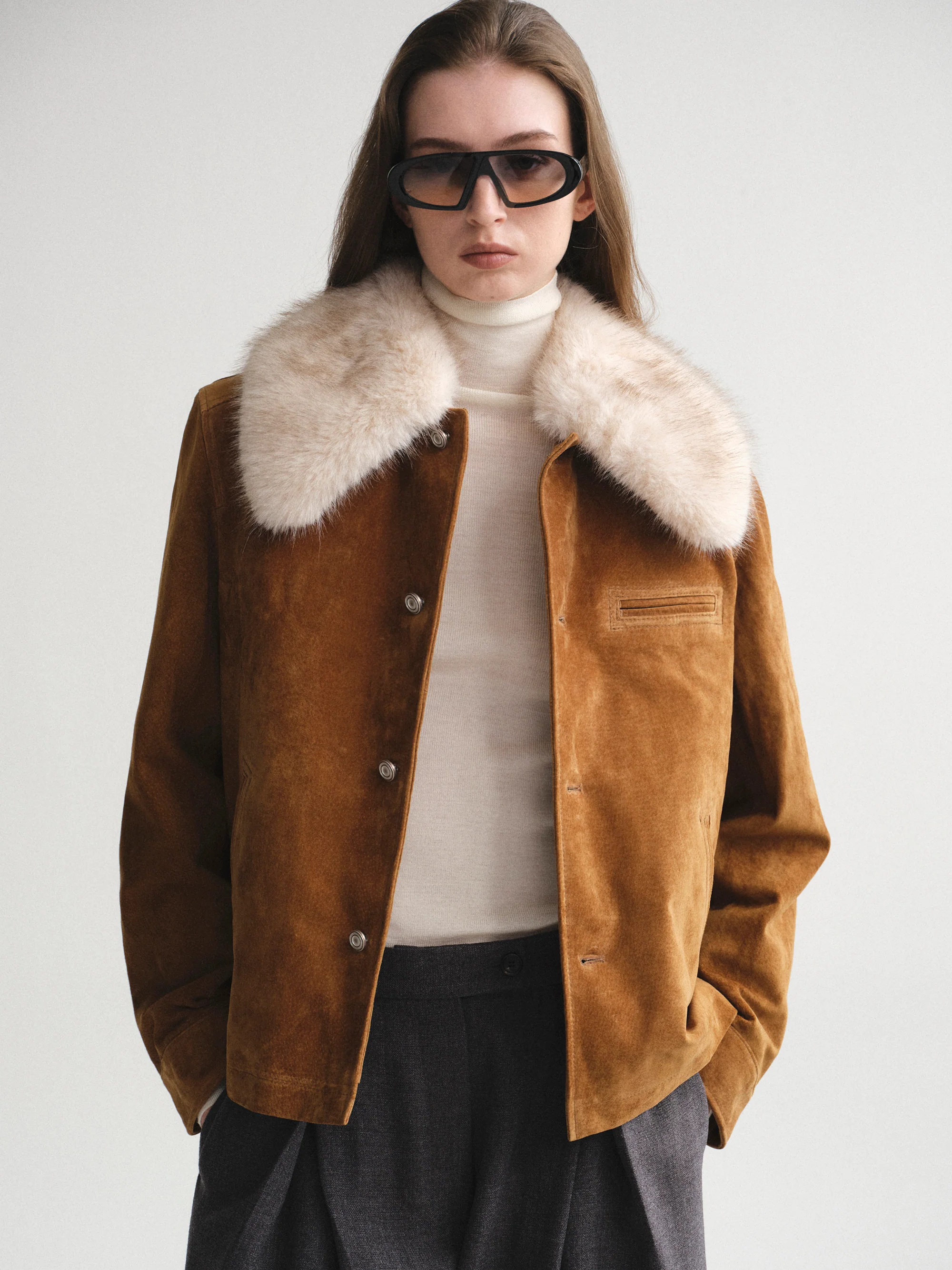 Faux-Fur Collar Suede Jacket, Camel - Image 5