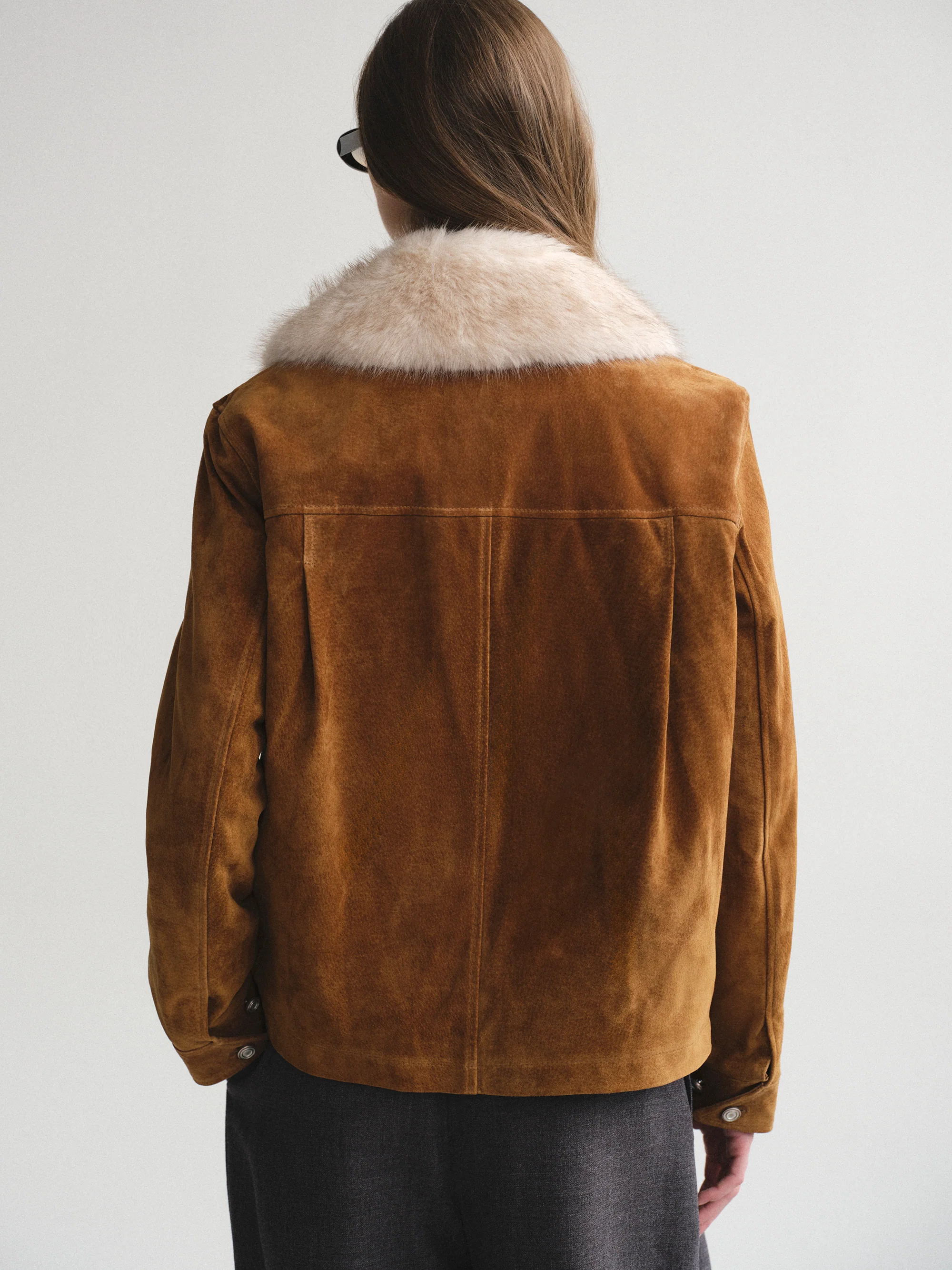 Faux-Fur Collar Suede Jacket, Camel - Image 6