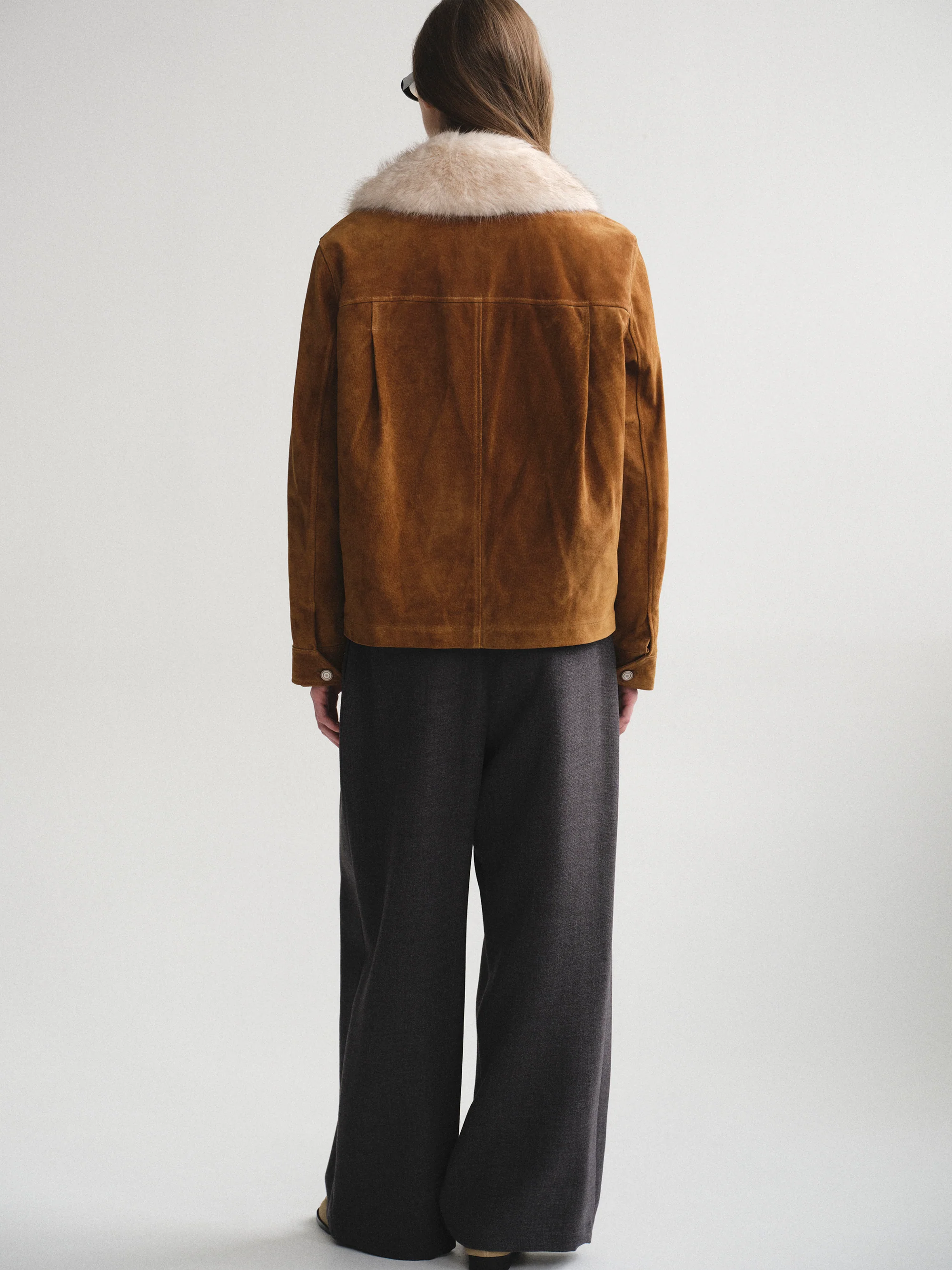 Faux-Fur Collar Suede Jacket, Camel - Image 7