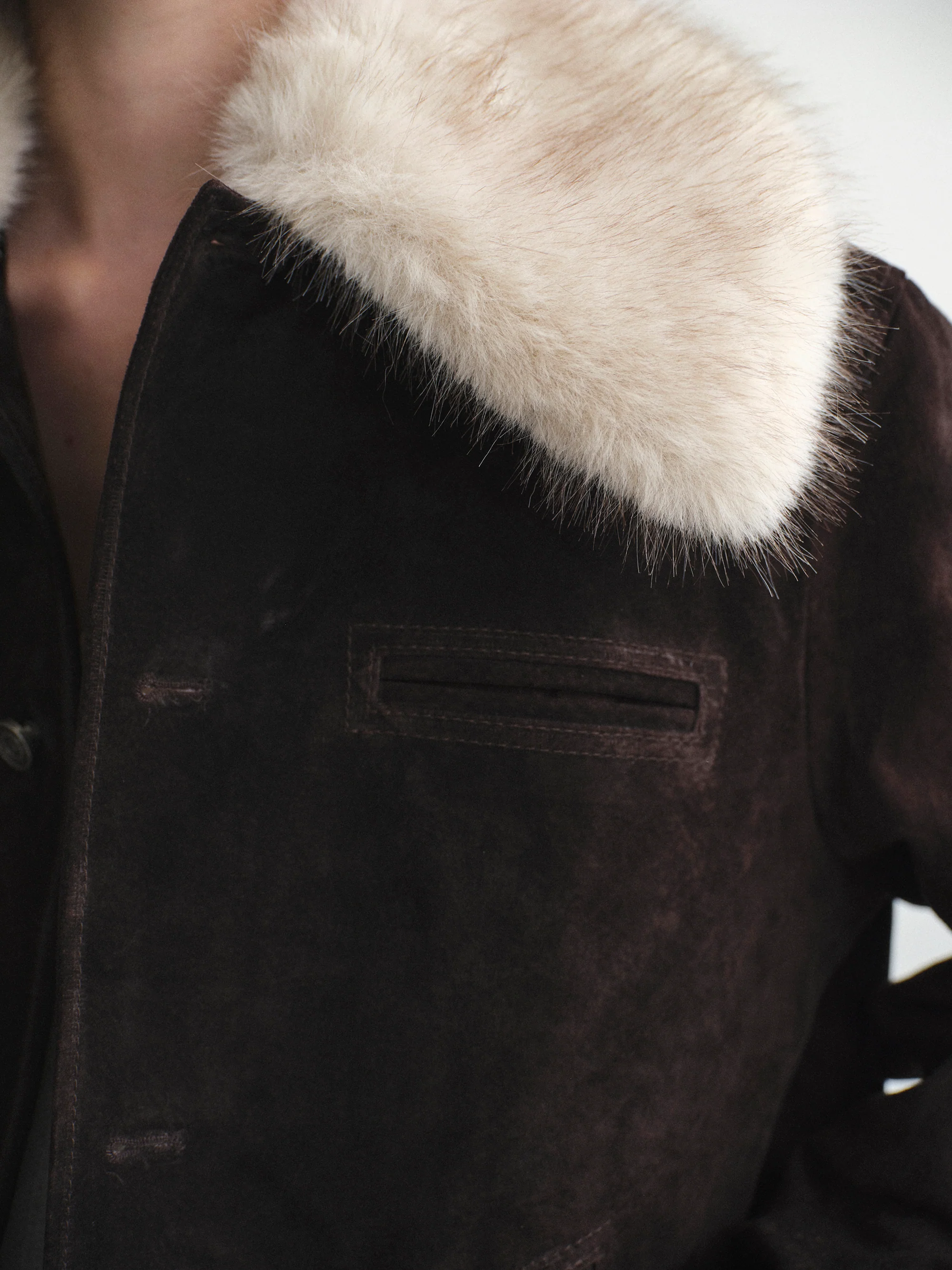 Faux-Fur Collar Suede Jacket, Chocolate - Image 2