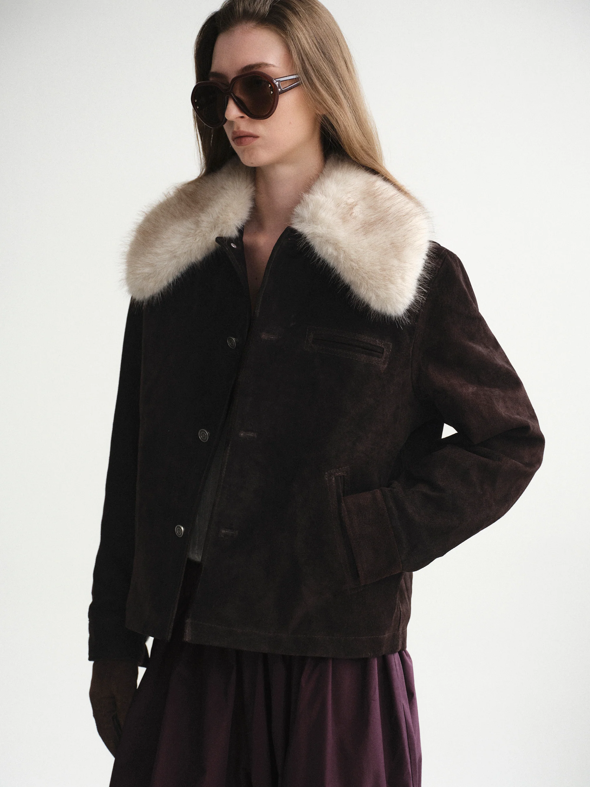 Faux-Fur Collar Suede Jacket, Chocolate - Image 5