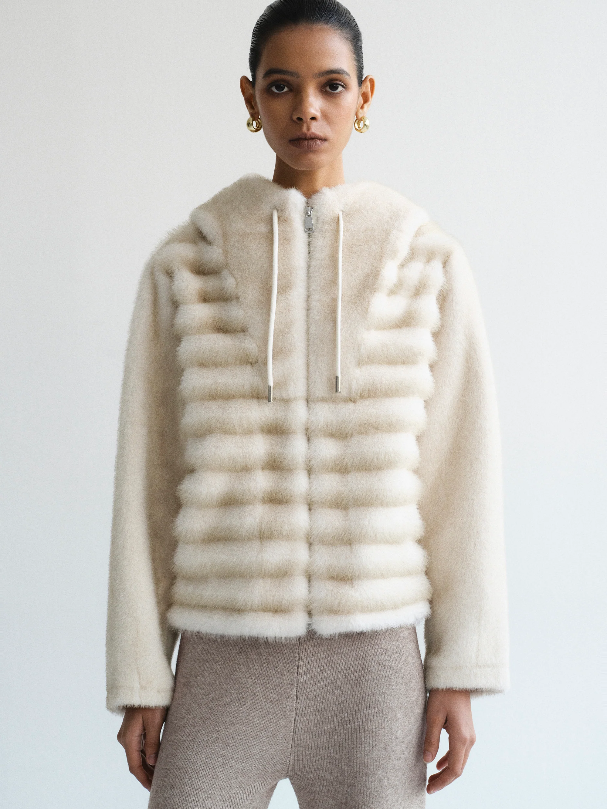 Faux-Fur Hooded Jacket, Natural