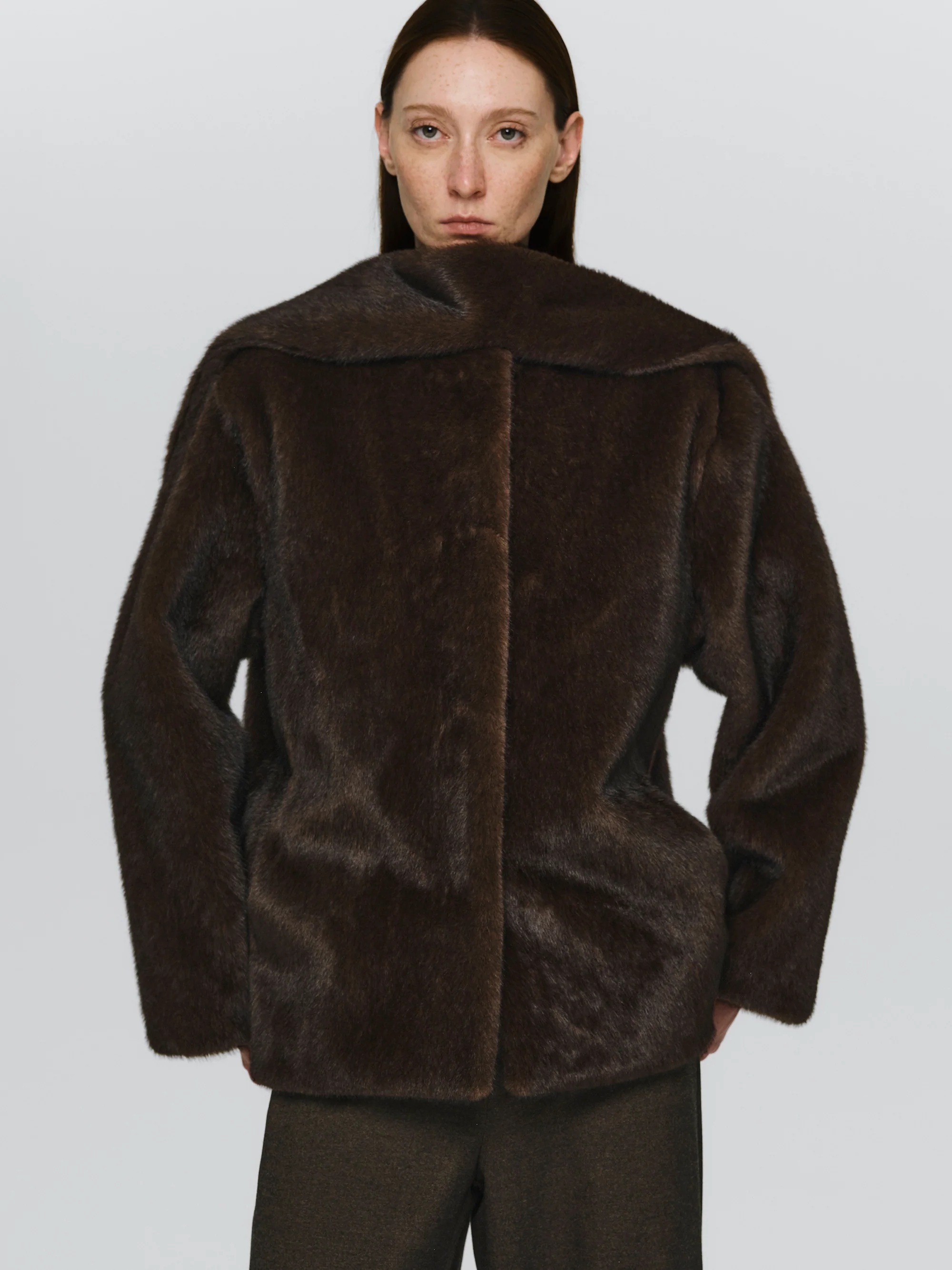 Faux-Fur Scarf Jacket, Brown