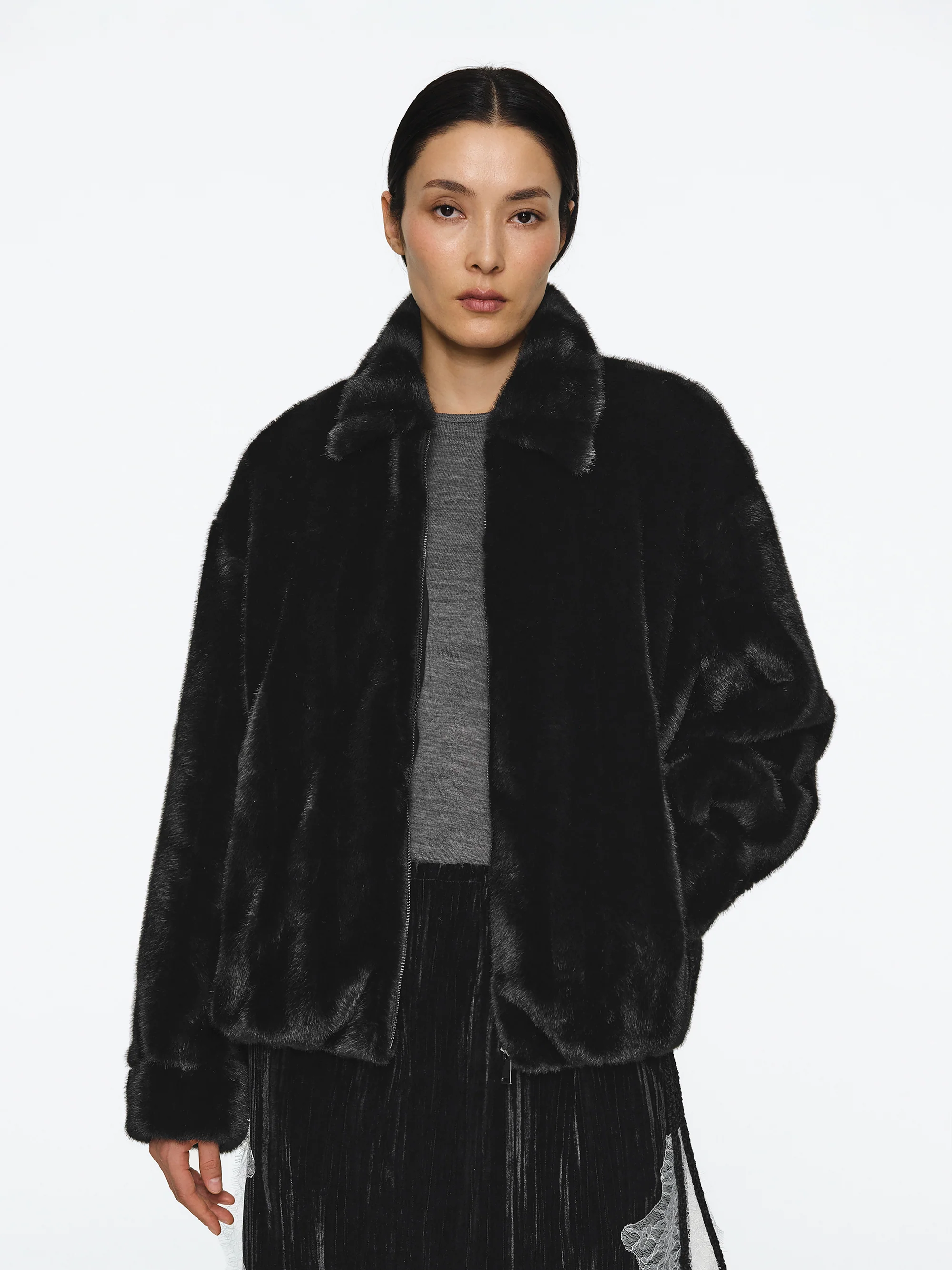 Faux-Fur Zip Bomber Jacket, Black - Image 3