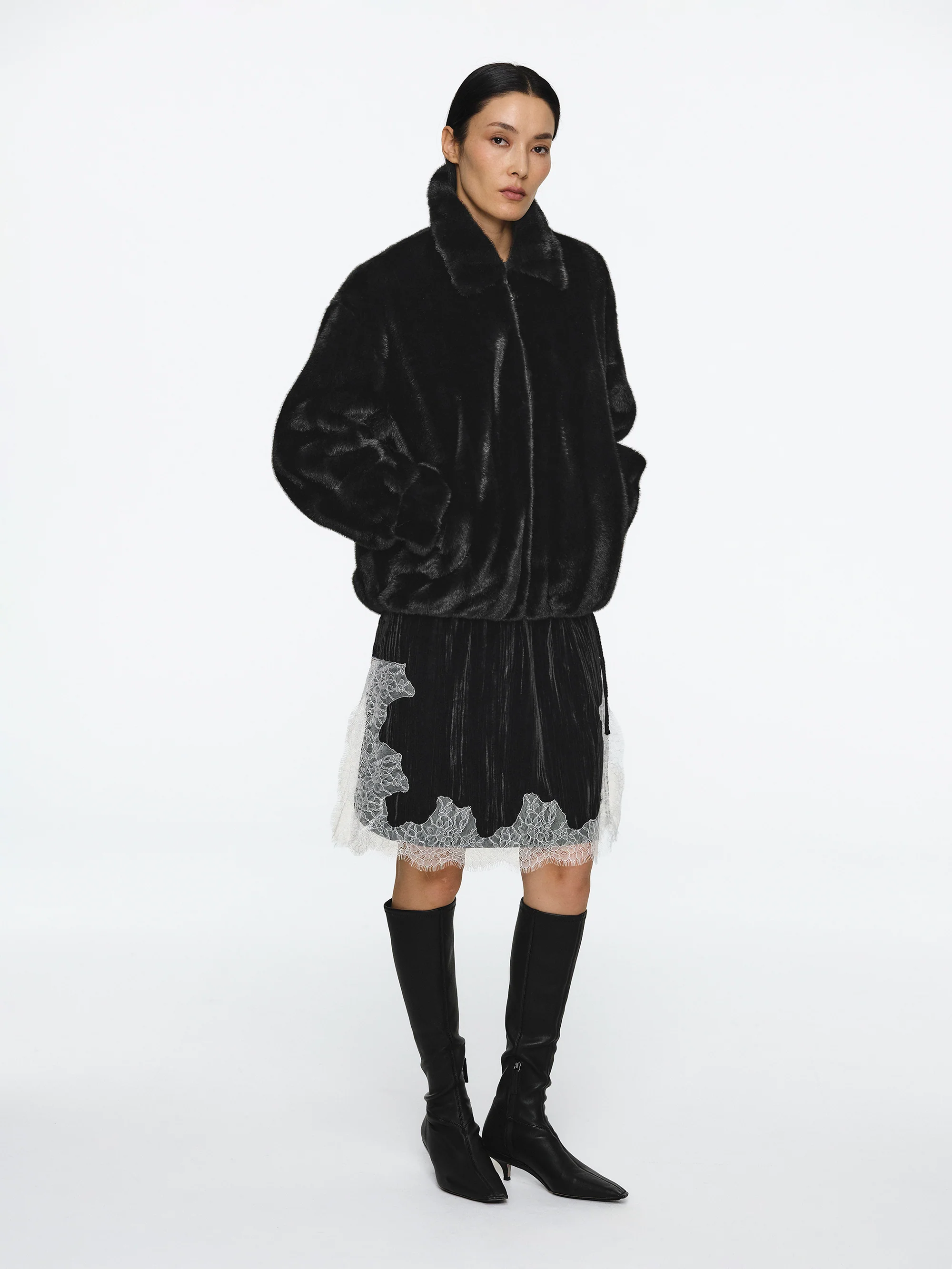 Faux-Fur Zip Bomber Jacket, Black - Image 5