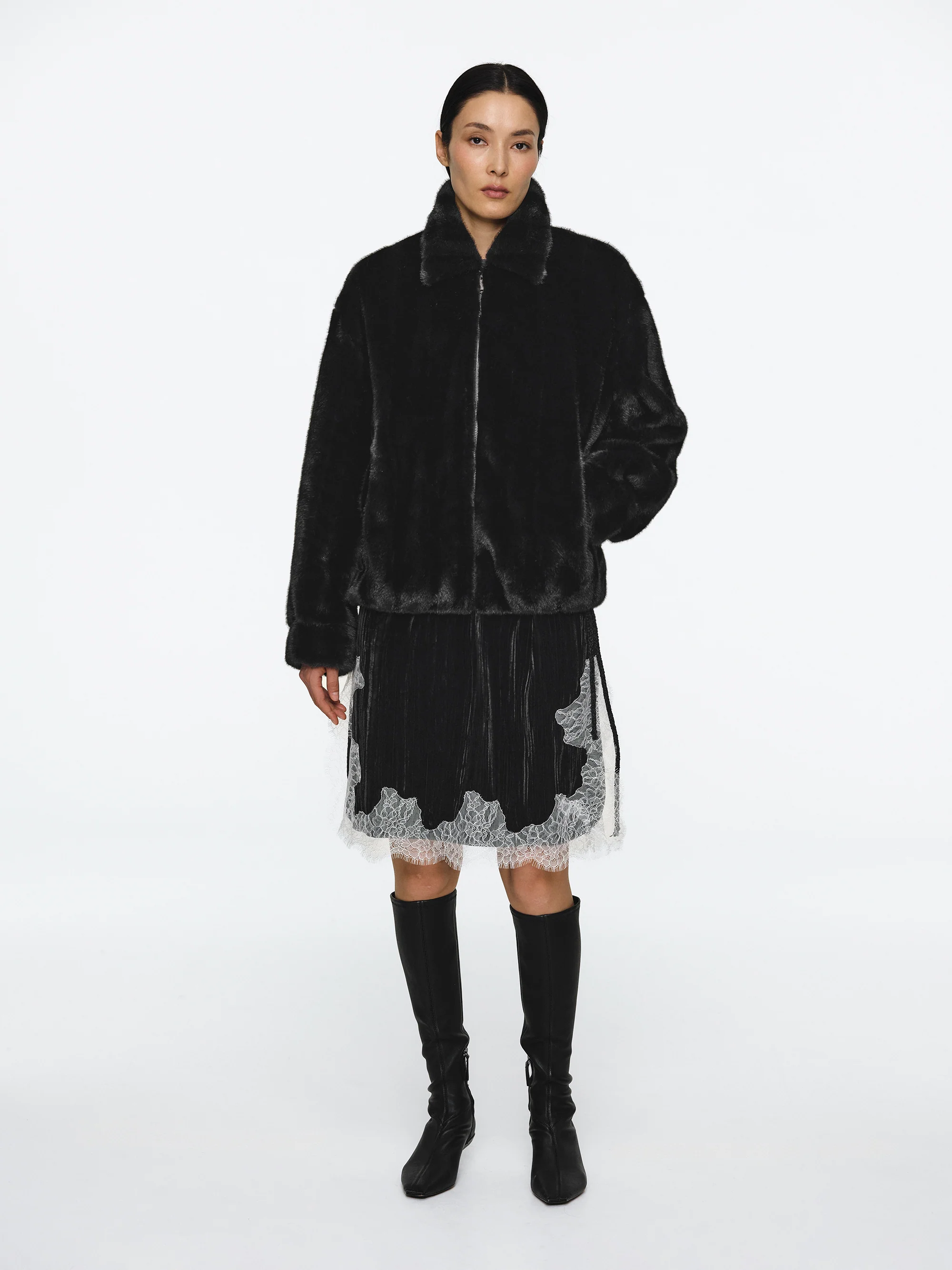 Faux-Fur Zip Bomber Jacket, Black - Image 6
