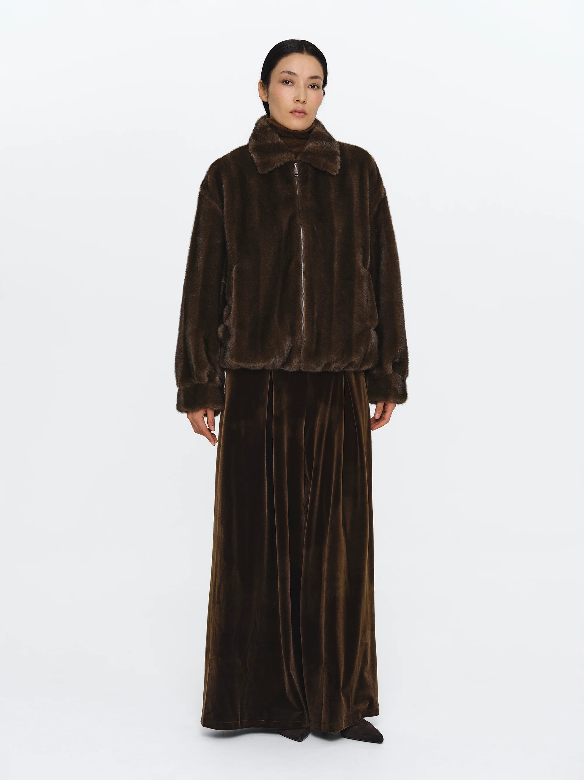 Faux-Fur Zip Bomber Jacket, Brown