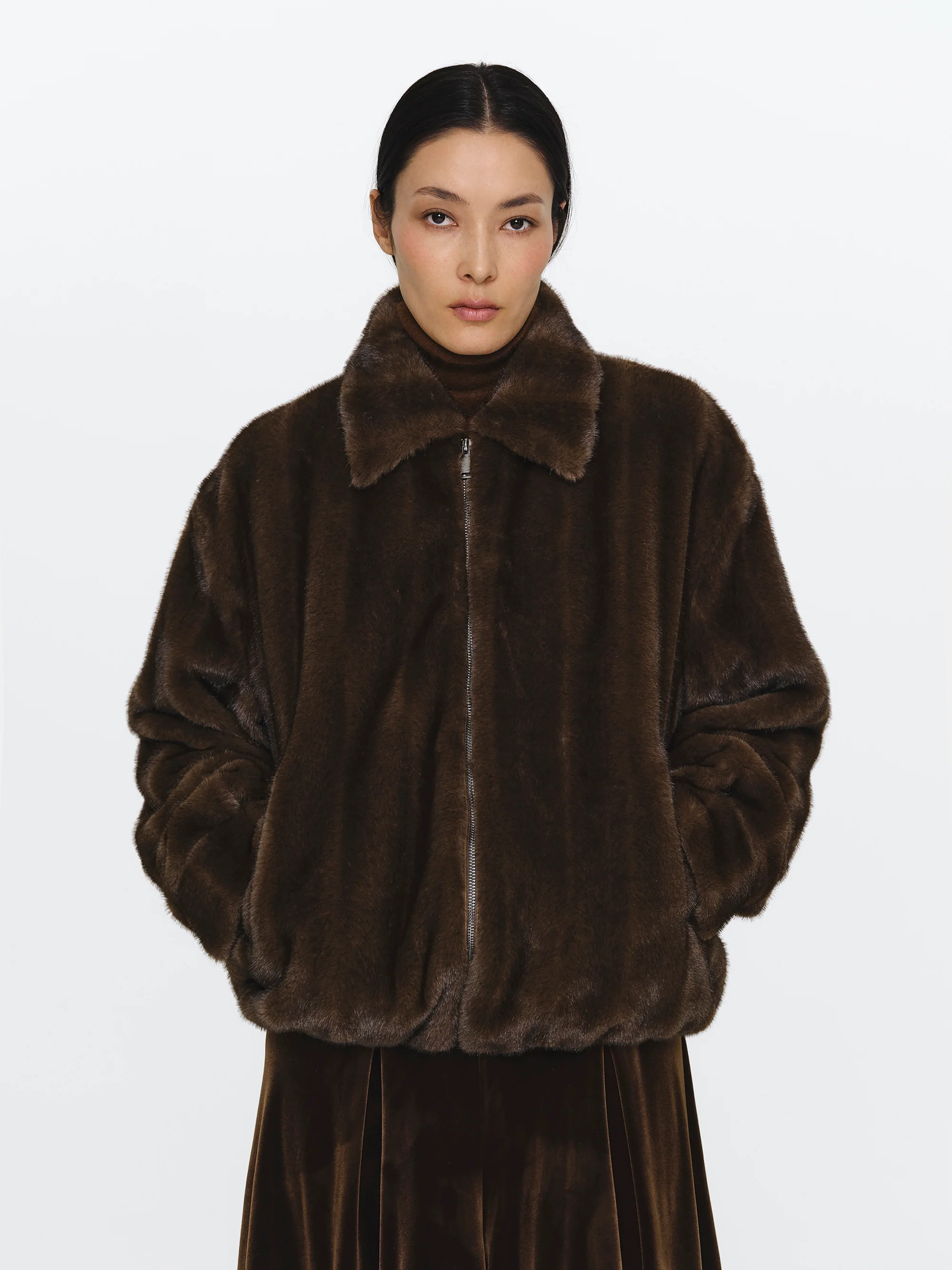 Faux-Fur Zip Bomber Jacket, Brown - Image 2