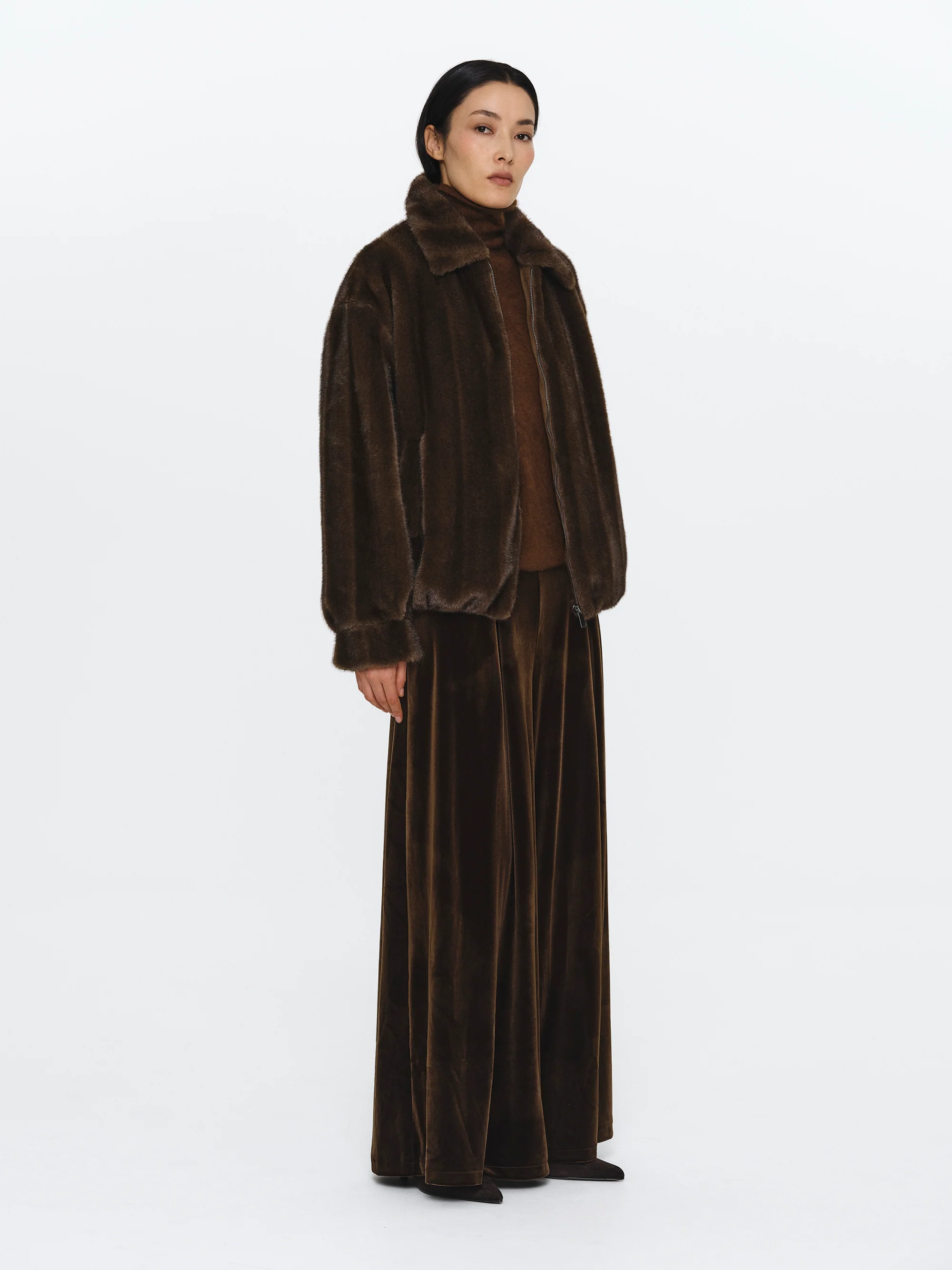 Faux-Fur Zip Bomber Jacket, Brown - Image 3